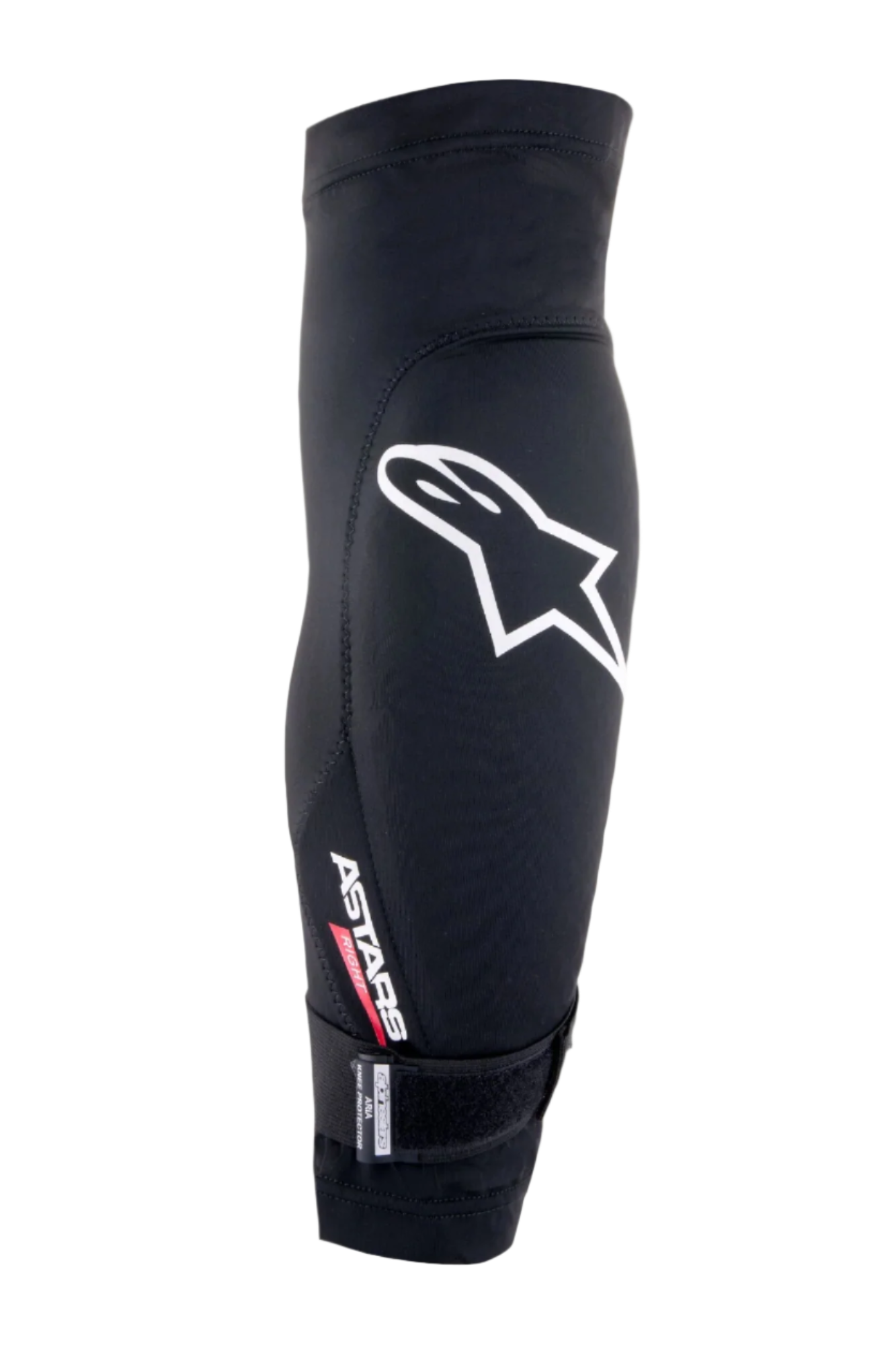 Protector de rodilla Aria de Alpinestars, negro y blanco, manga de malla transpirable con un gran logotipo blanco de Astars, texto 'ASTARS RIGHT' y correa inferior ajustable, protección ligera para ciclismo y bicicleta de montaña