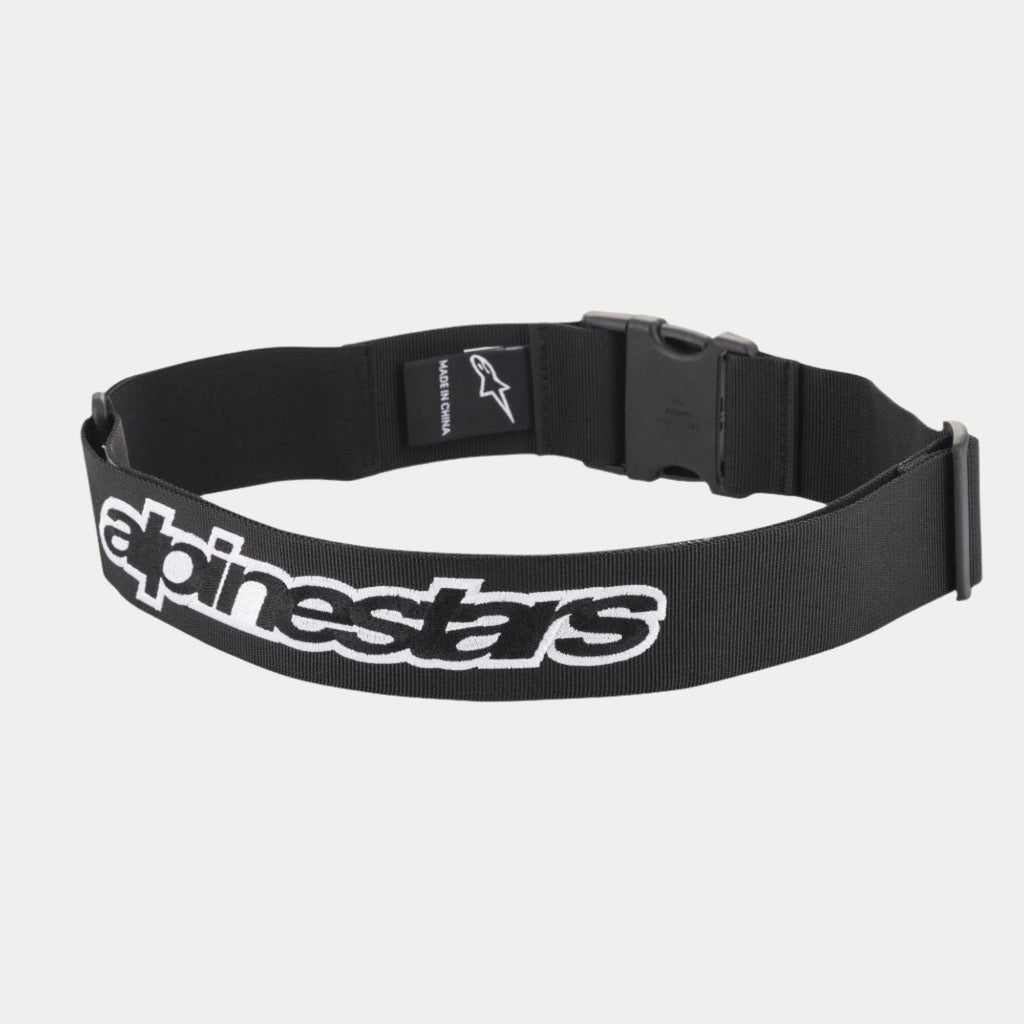Alpinestars Pit Radio Belt, cinturón técnico de trabajo negro, con logo de Alpinestars bordado en blanco, cierre de hebilla de clip de plástico y material de poliéster elástico para uso de mecánicos en boxes.