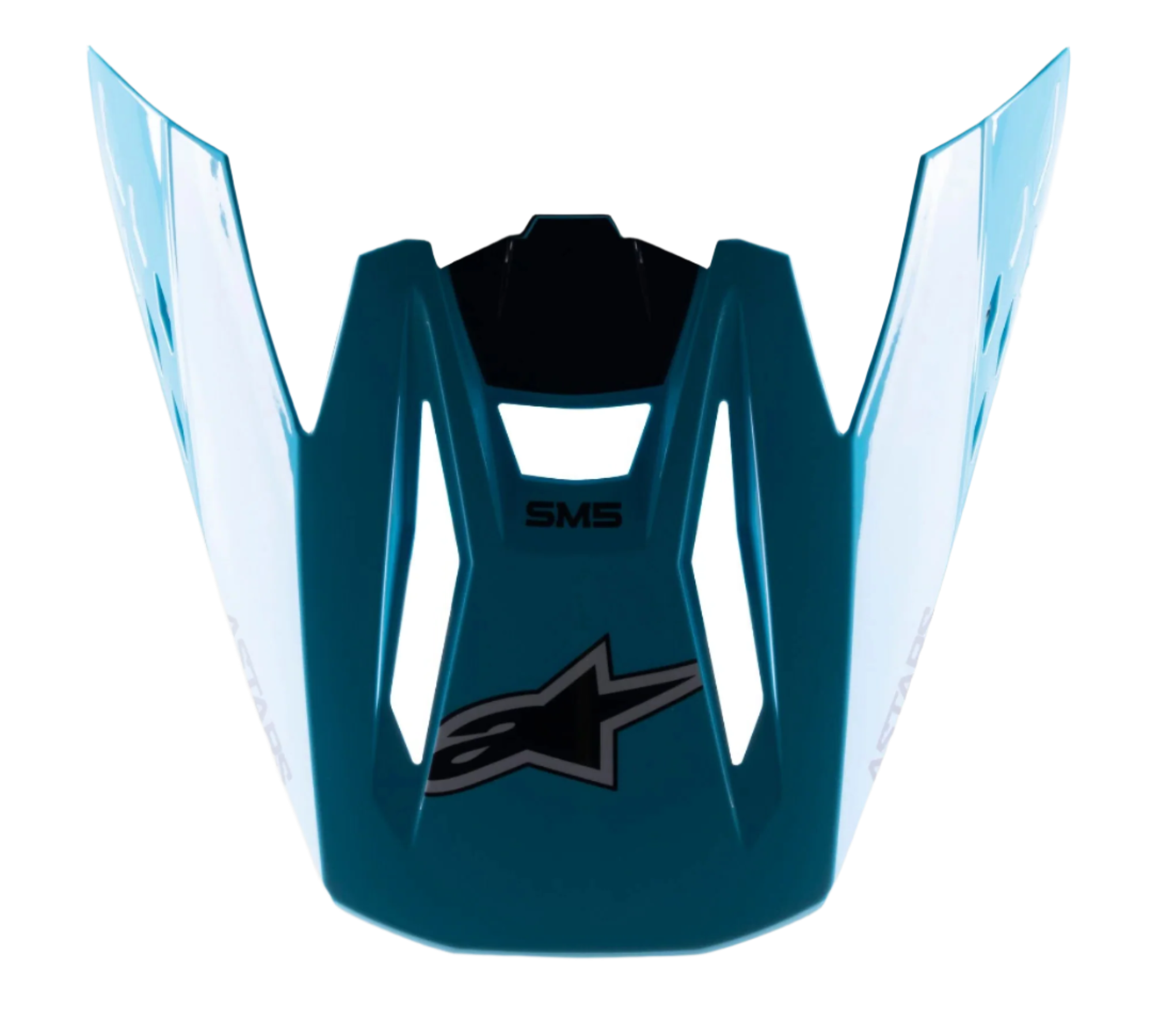 Alpinestars S-M5 Speed Helmet Visor, Motocross Helmet Accessory, Light Blue and Black Glossy, featuring black Alpinestars star logo and SM5 branding, aerodynamic design with glossy finish, durable plastic replacement peak for off-road racing