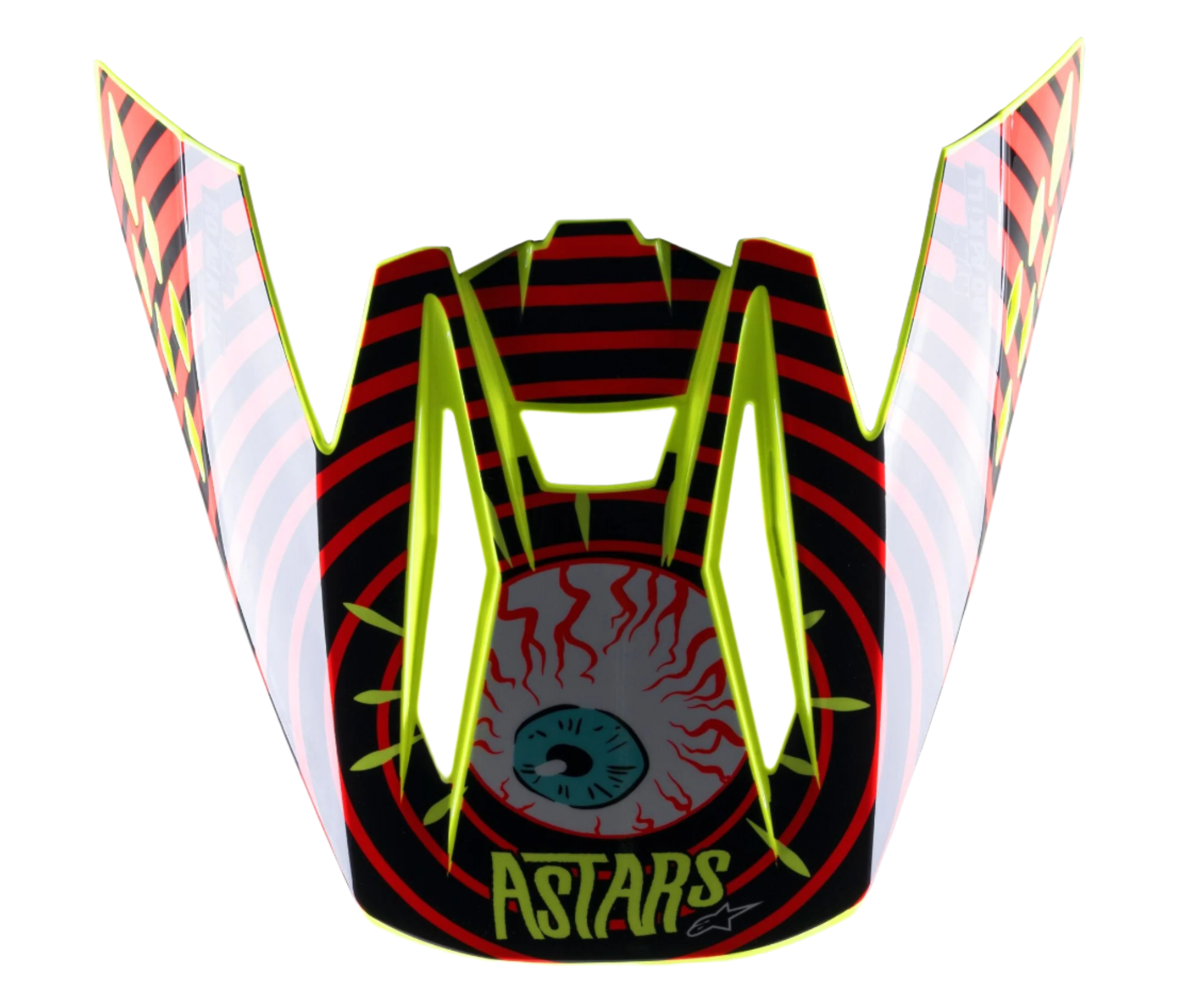 Visera Alpinestars S-M5 Solar Flare, visera de repuesto para casco de motocross, en negro, rojo y amarillo flúor, con un gráfico de un ojo inyectado en sangre, logotipo ASTARS y un llamativo borde amarillo neón.