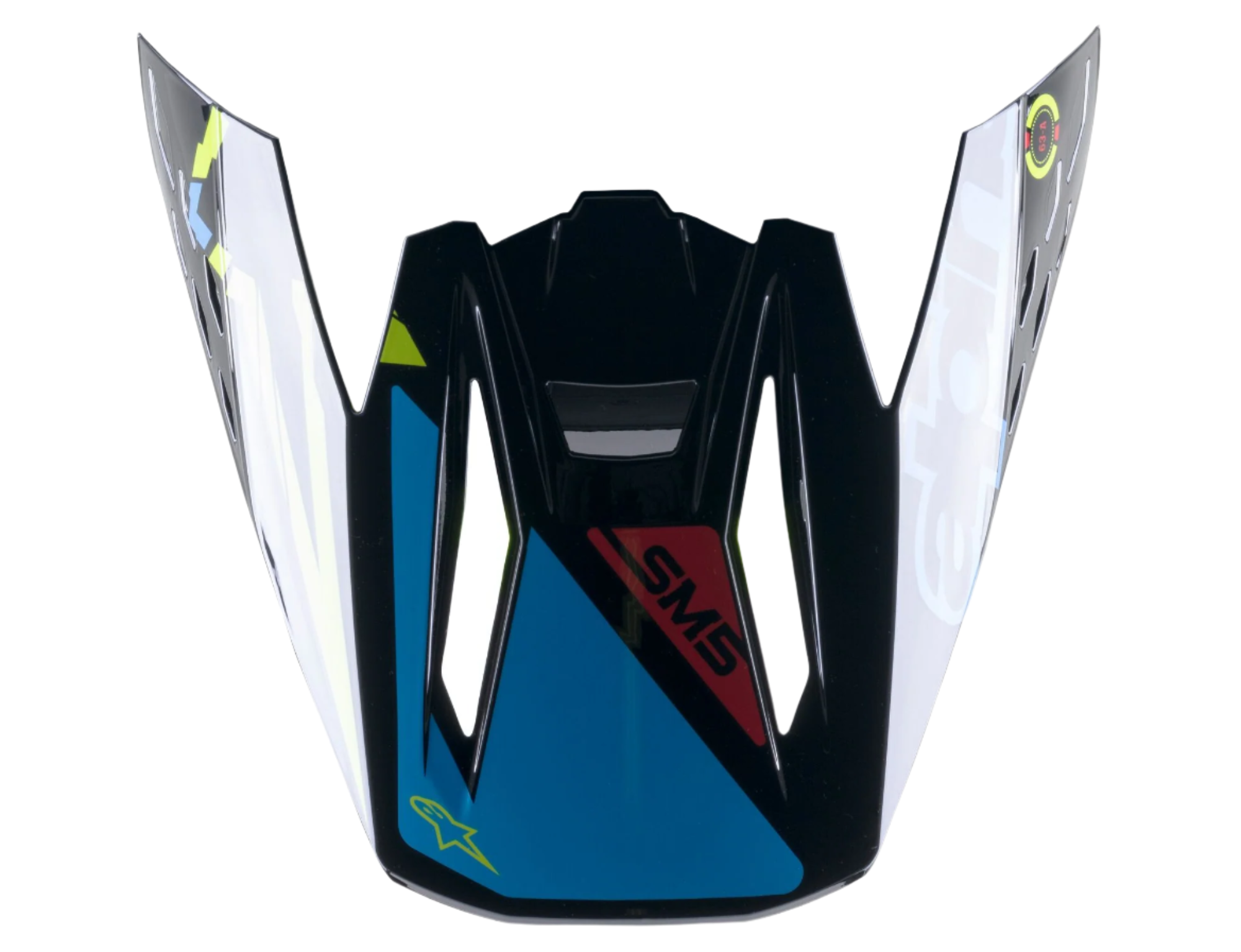 Alpinestars S-M5 Action Visor, pieza de repuesto para casco de motocross, negro, cian y amarillo flúor brillante, con marca SM5 y logotipo de estrella, diseño de visera a presión para conducción todoterreno
