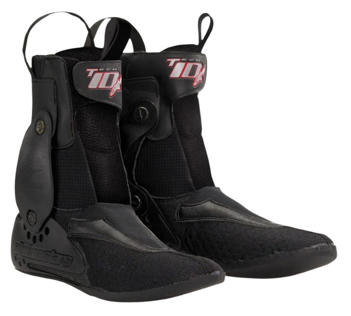 Alpinestars Tech-10, botín interior extraíble para botas de moto, negro con logo Tech-10 rojo y blanco, tejido texturizado con paneles sintéticos, correas ajustables con broches metálicos, lengüetas de tracción delanteras y traseras