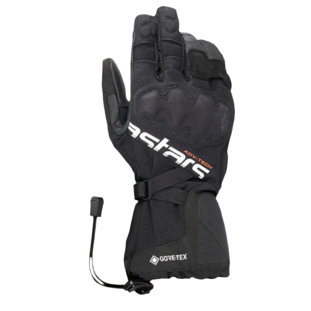 Alpinestars XT-5 GORE-TEX Gloves, Black Motorcycle Gloves, featuring white Astars branding and orange ADV-TECH text, long cuff design with covered knuckle protection, GORE-TEX logo, and shock cord closure, adventure touring gear