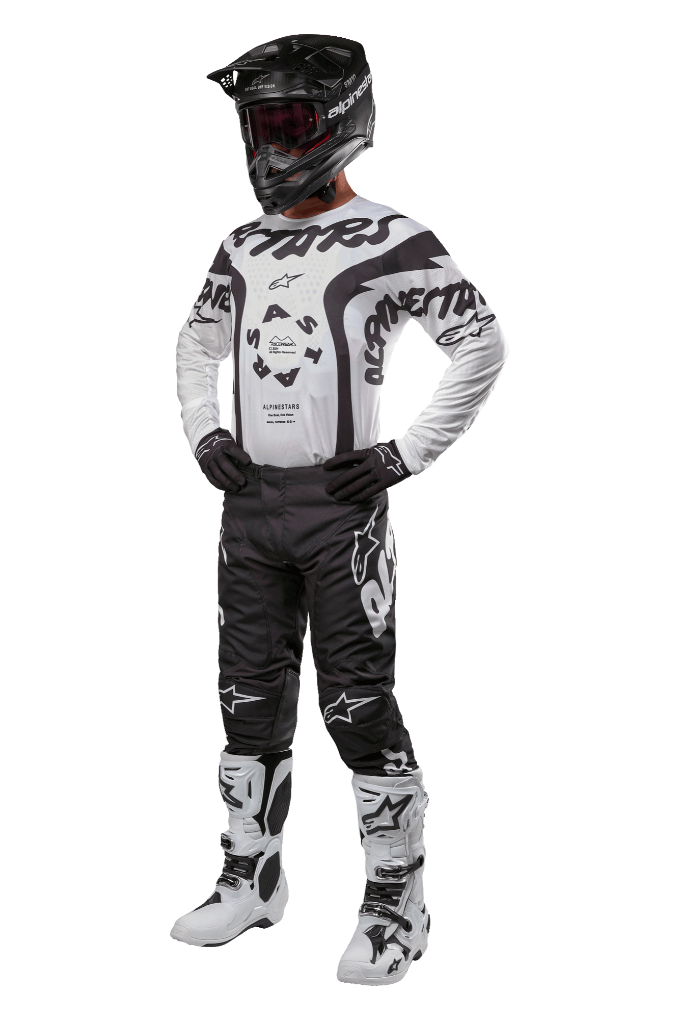 Alpinestars 2024 Racer Hana Pants, pantalones de motocross negros con logos blancos, equipo completo de motocross con jersey blanco y negro, casco negro, guantes oscuros y botas blancas con detalles negros