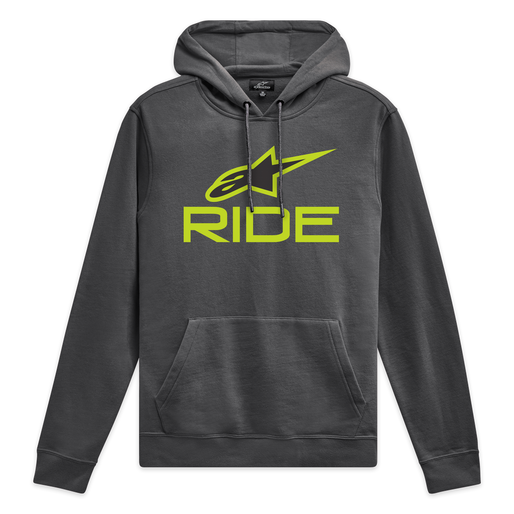 Alpinestars Sudadera Con Capucha Ride V 3, sudadera de forro polar gris carbón con logotipo Ride verde lima en el pecho y cordones a juego, ropa deportiva