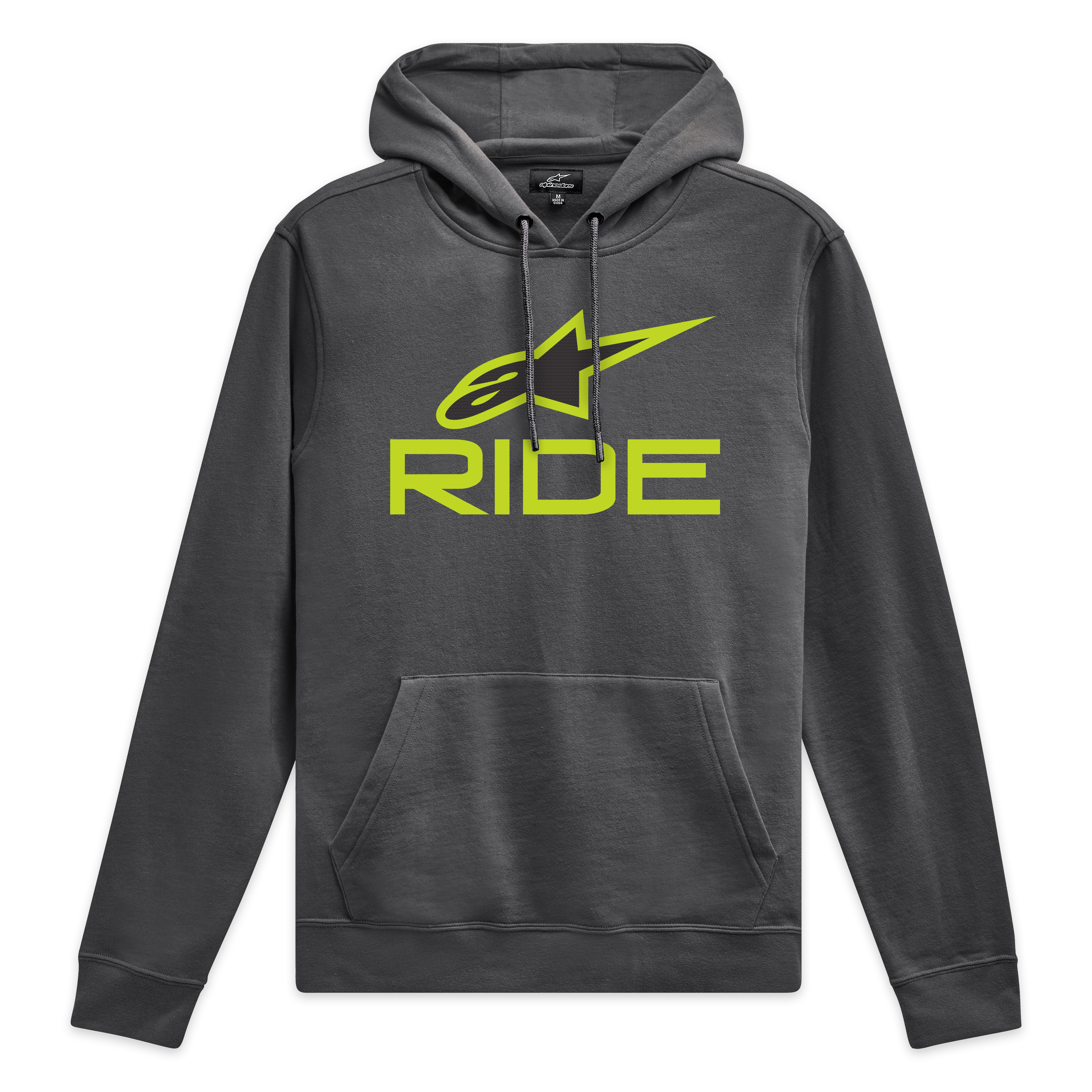 Alpinestars Sudadera Con Capucha Ride V 3, sudadera de forro polar gris carbón con logotipo Ride verde lima en el pecho y cordones a juego, ropa deportiva