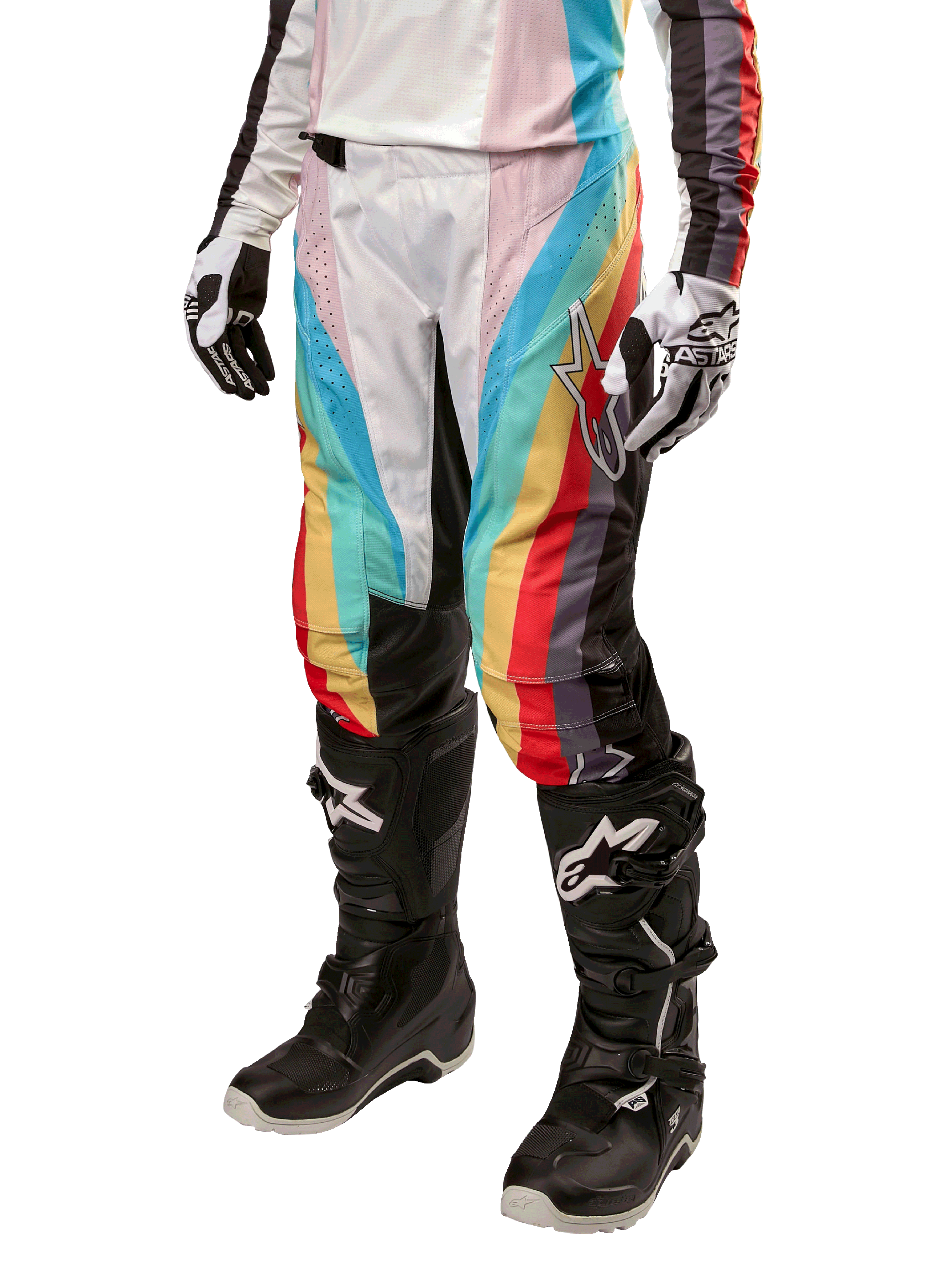 Alpinestars Stella Techstar 2024, pantalones de motocross para mujer, negro multicolor con franjas diagonales rojas, amarillas y azules, combinados con botas de montar negras y guantes blancos, con paneles protectores negros en las rodillas y marca llamativa para carreras fuera de pista