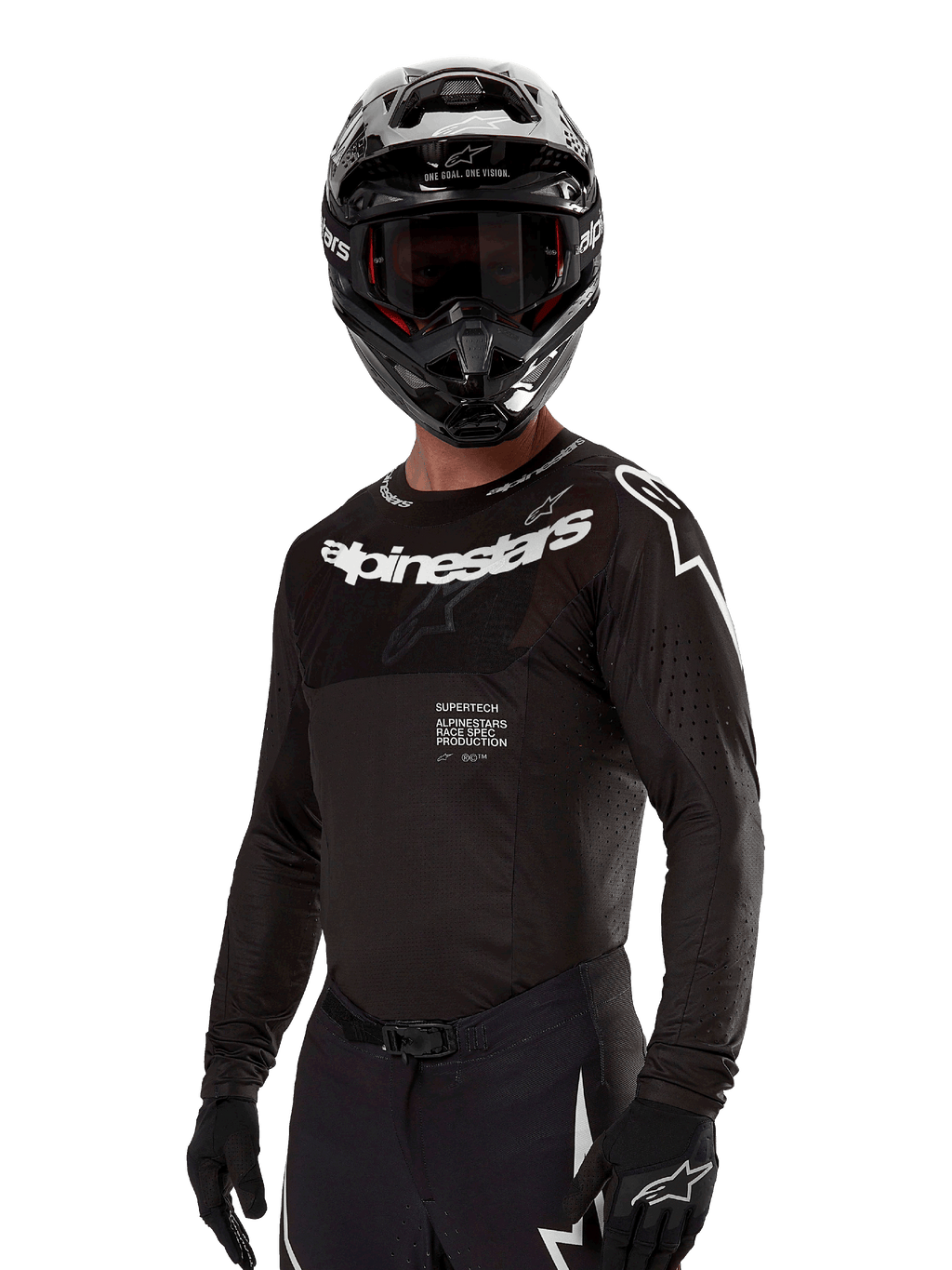 Alpinestars Supertech Ward Jersey 2024, jersey de motocross de manga larga, negro y blanco, equipo de alto rendimiento con marca Alpinestars destacada, usado con casco y guantes a juego, ajuste atlético para conducción todoterreno