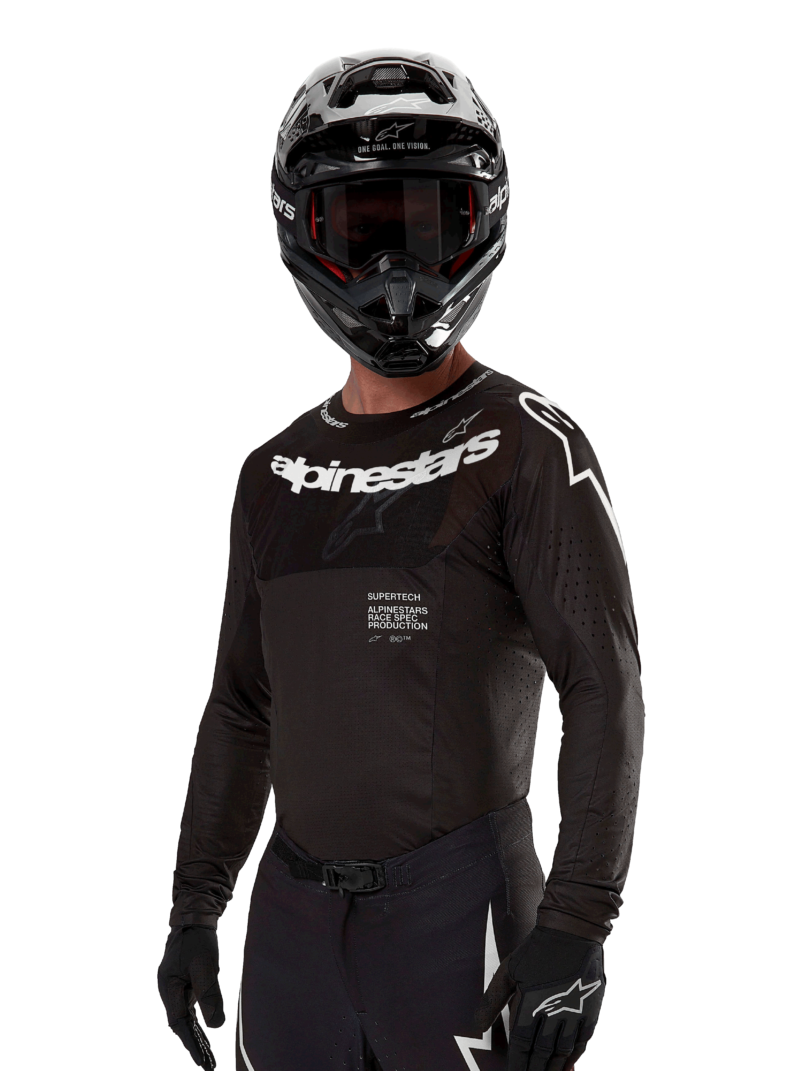 Alpinestars Supertech Ward Jersey 2024, jersey de motocross de manga larga, negro y blanco, equipo de alto rendimiento con marca Alpinestars destacada, usado con casco y guantes a juego, ajuste atlético para conducción todoterreno