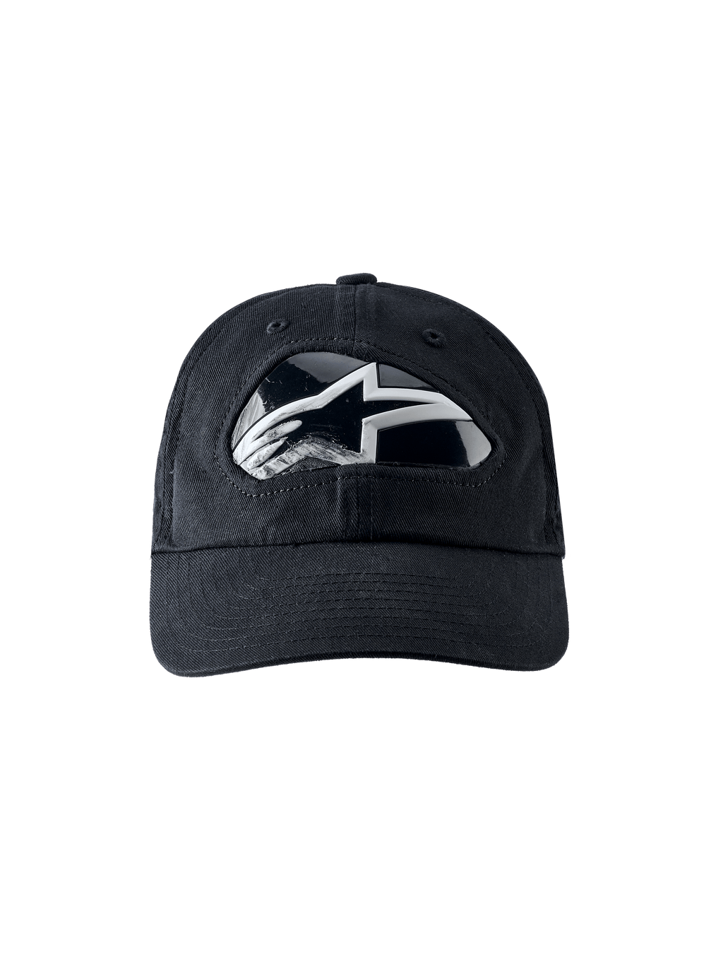 Alpinestars RSRV Shield Cap, gorra de béisbol negra con logo plateado y blanco reflectante, diseño angular moderno, visera curva, costuras visibles