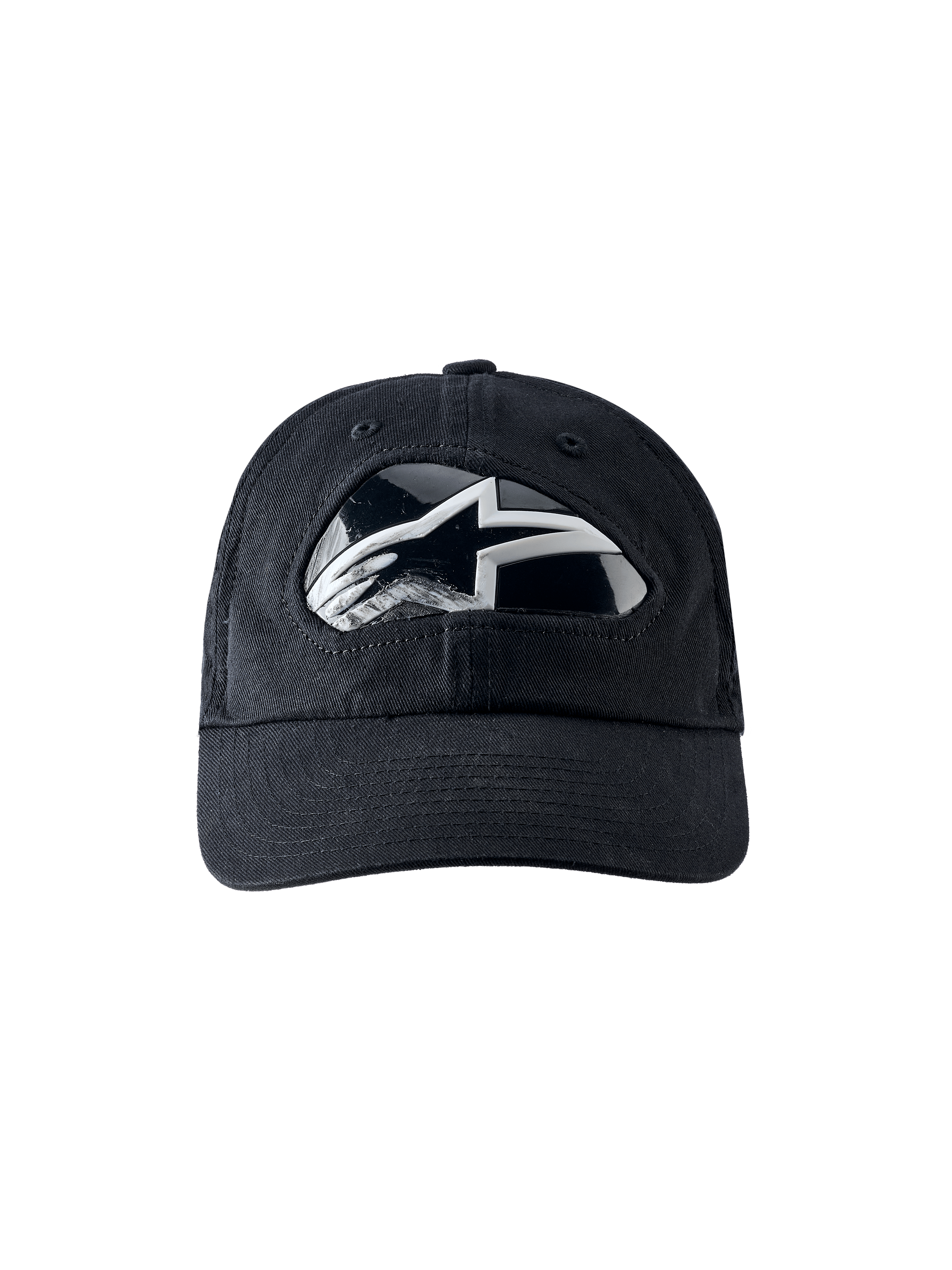 Alpinestars RSRV Shield Cap, gorra de béisbol negra con logo plateado y blanco reflectante, diseño angular moderno, visera curva, costuras visibles