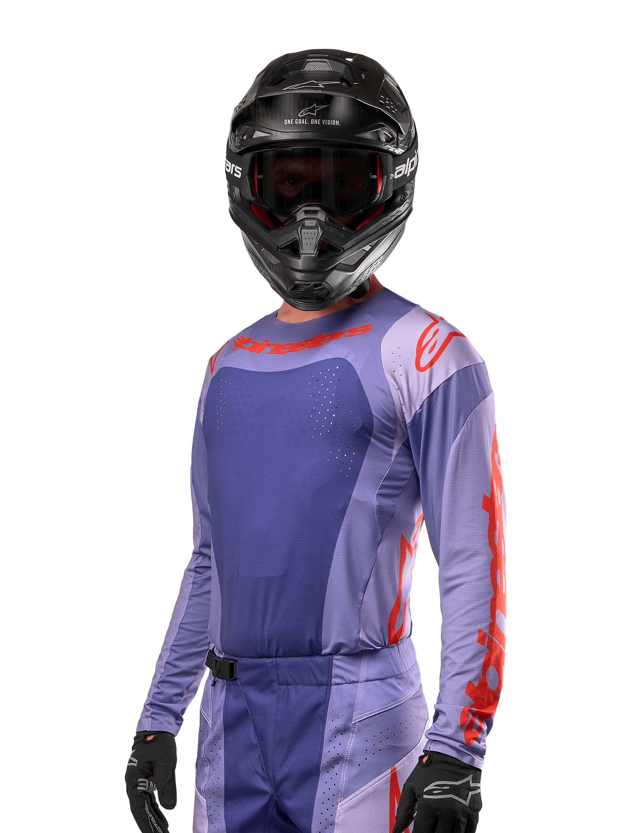 Alpinestars Techstar Ocuri Jersey 2024, jersey de motocross de manga larga, morado y naranja intenso, con perforaciones láser para ventilación y ajuste deportivo, usado con casco de motocross y guantes negros