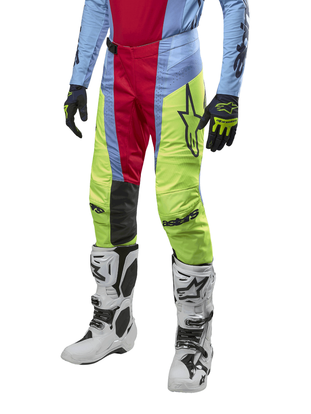 Alpinestars 2024 Techstar Ocuri Pants, pantalones de motocross en azul claro, rojo y amarillo neón, combinados con equipo a juego y botas blancas, con logotipos de Astars llamativos y un ajuste de competición.