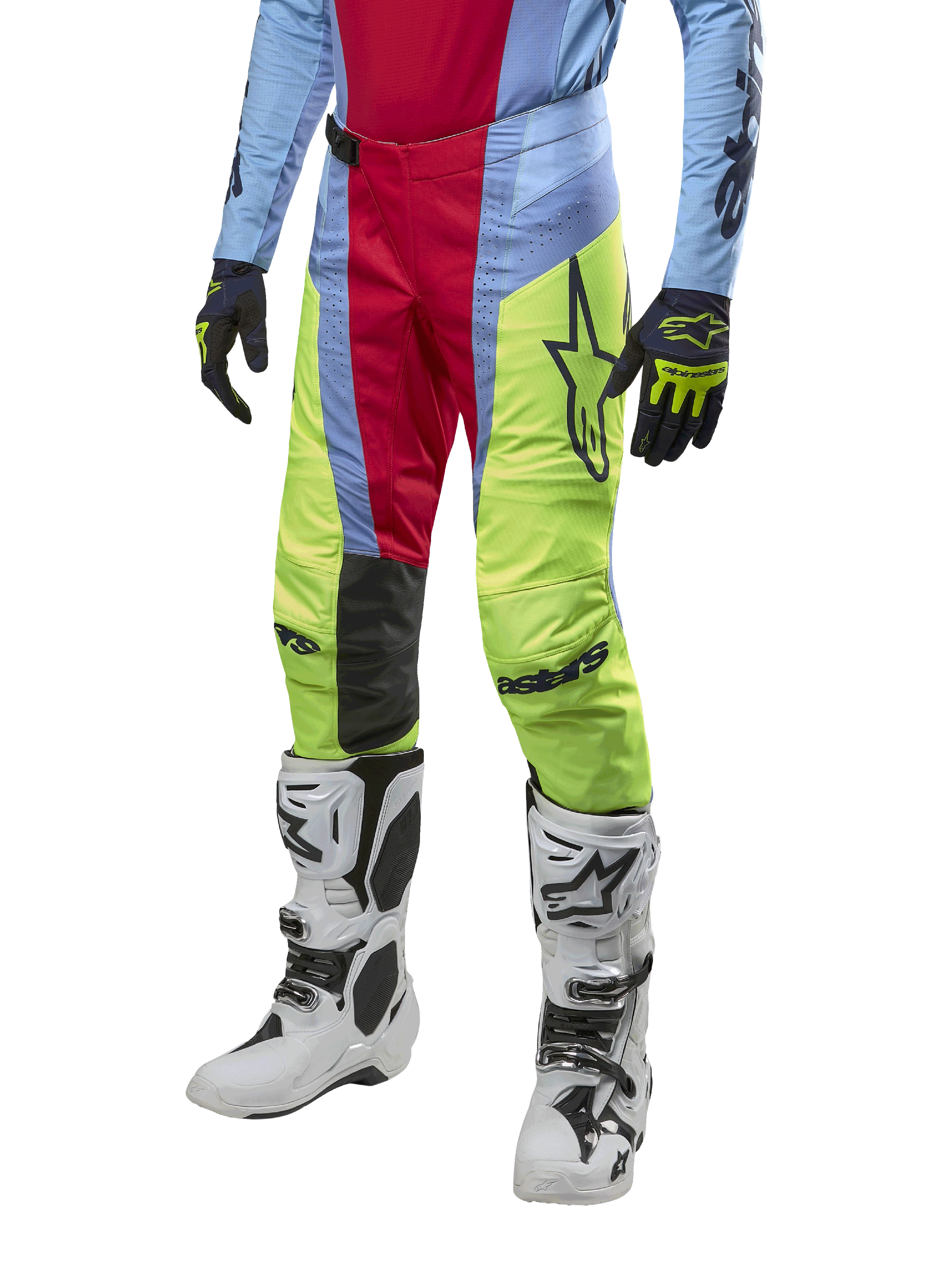 Alpinestars 2024 Techstar Ocuri Pants, Motocross Pants, Light Blue, Red Berry, and Neon Yellow, worn with matching gear and white boots, featuring bold Astars branding and a performance racing fit.