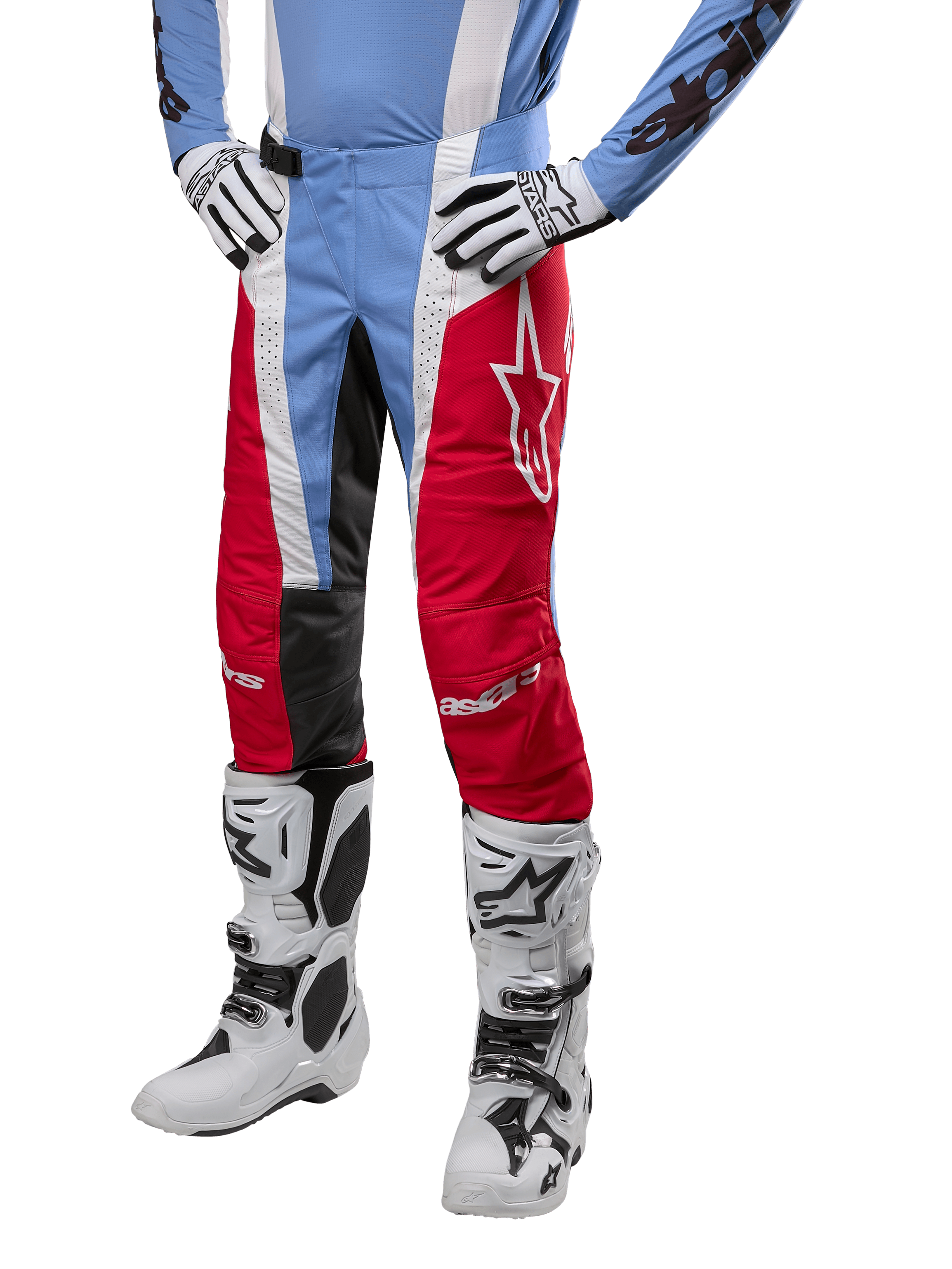 Alpinestars 2024 Techstar Ocuri Pants, Motocross Pants, Light Blue, Mars Red and White, worn with light blue jersey and white boots, featuring the star logo on the thigh and reinforced knees, complete off-road racing gear