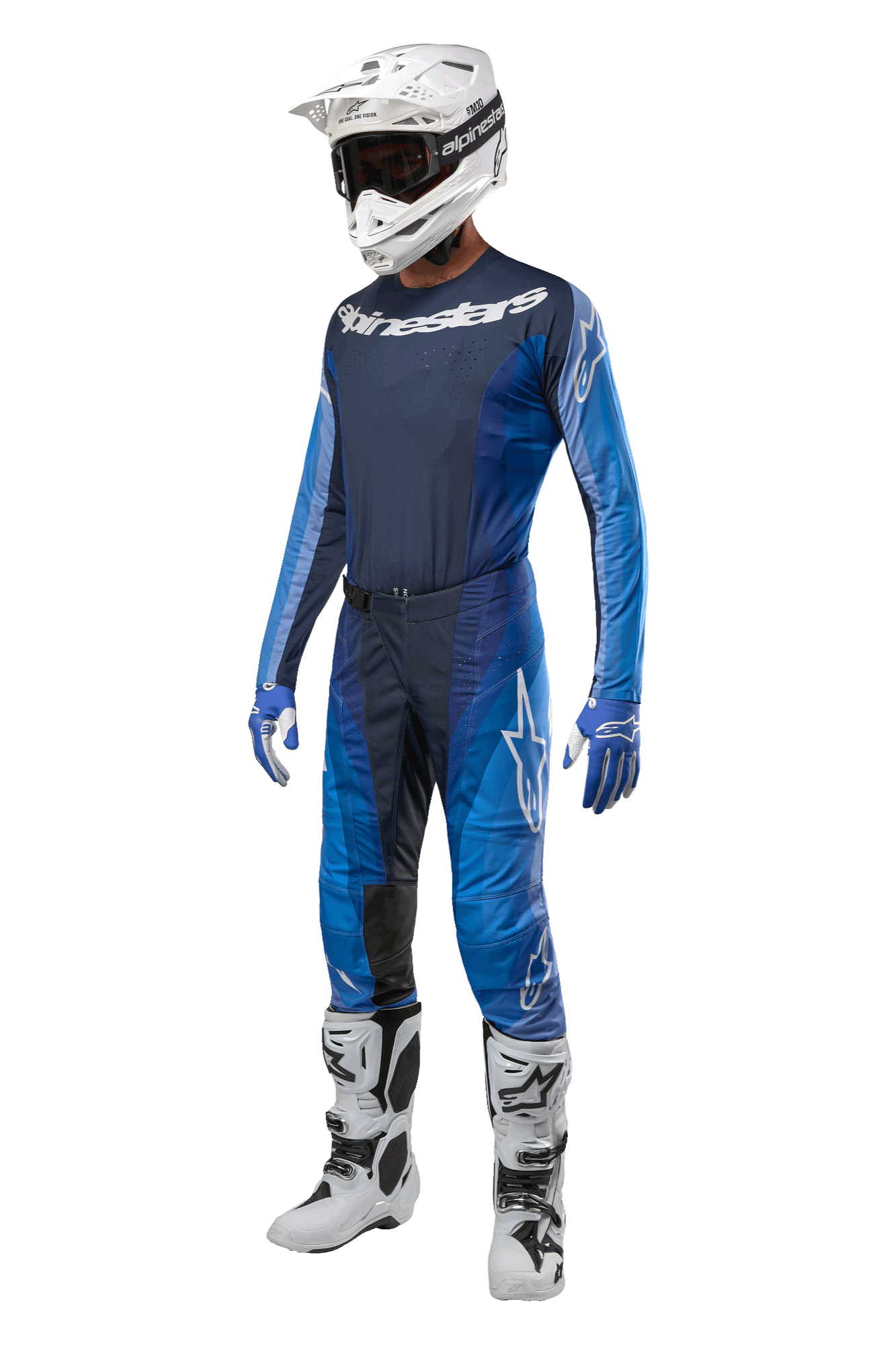 Alpinestars Techstar Pneuma Pants 2024, pantalones de motocross en azul marino y azul claro, conjunto completo de carreras con jersey a juego, casco blanco con gafas, guantes azules y blancos, y botas blancas, equipamiento profesional para off-road