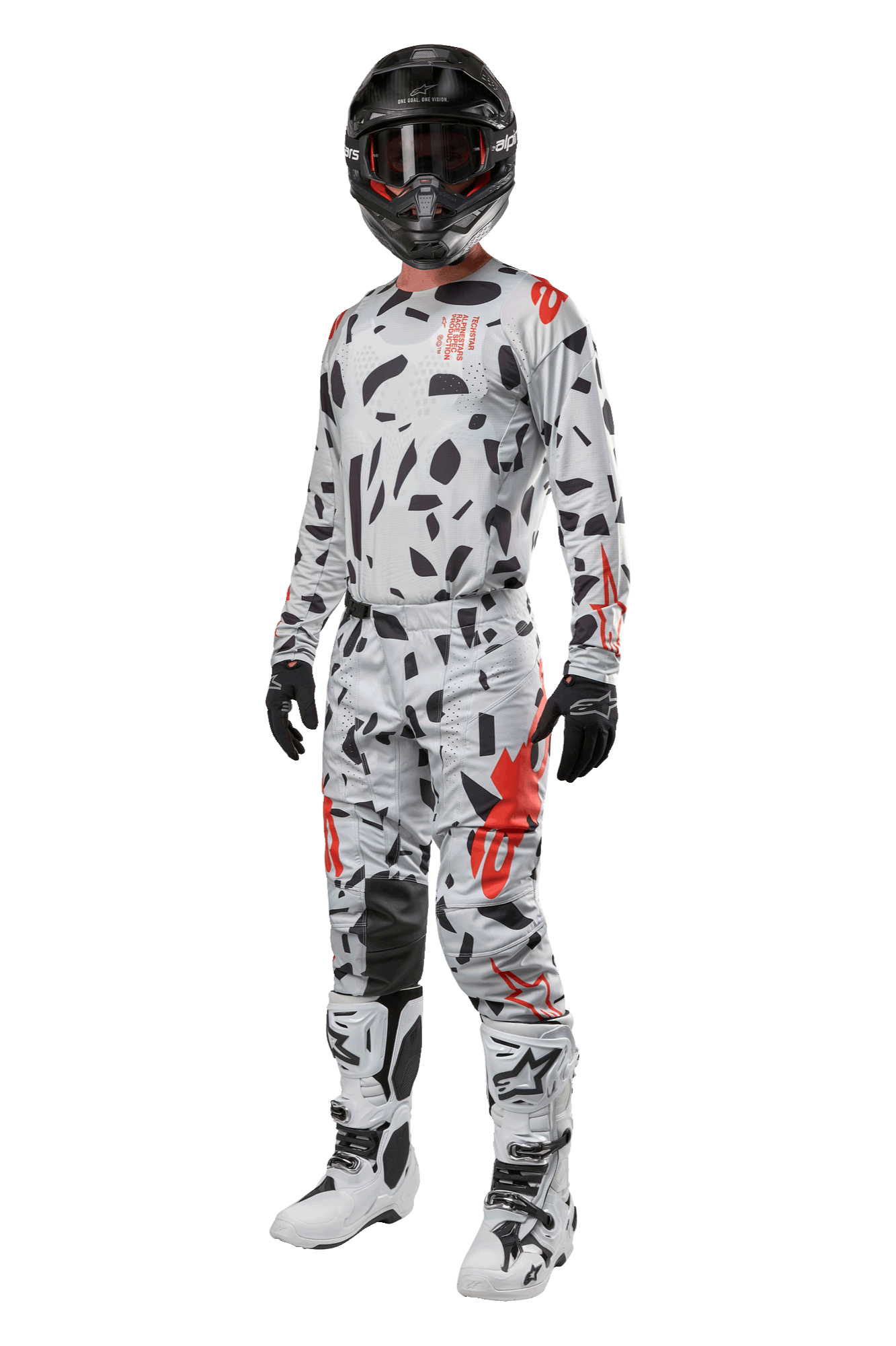 Alpinestars 2024 Techstar Rantera Pants, pantalones de motocross, gris camuflaje (Haze Gray Camo), combinados con jersey a juego, casco negro y botas blancas y negras, con patrones abstractos negros y detalles rojos, equipo completo de carreras todoterreno