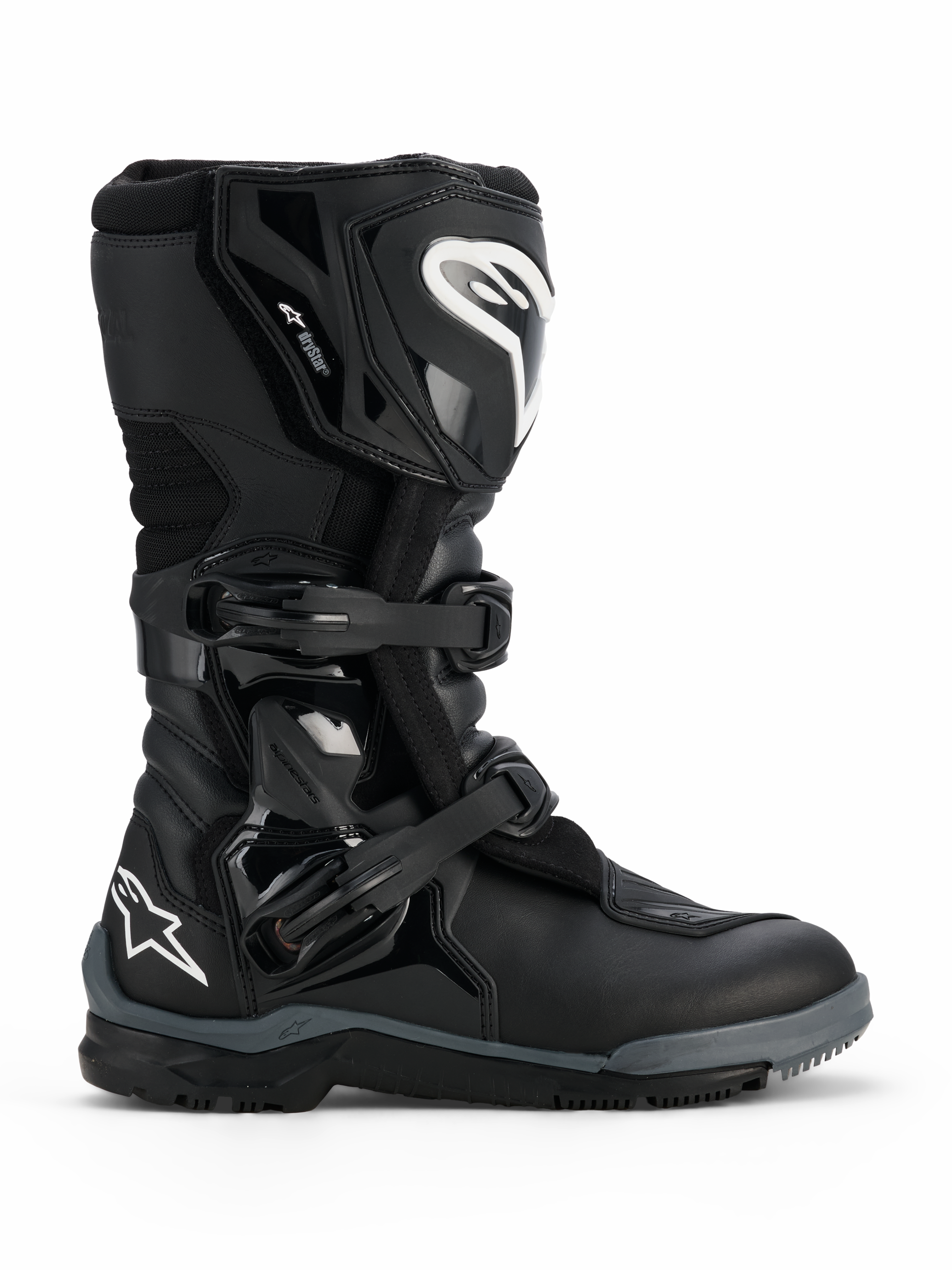 Botas Alpinestars Corozal V2 Adventure Drystar®, negras, bota de moto de aventura resistente con logos Alpinestars blancos en la espinilla y el talón, dos hebillas de polímero ajustables y una construcción duradera de múltiples materiales diseñada para conducción en todo terreno.