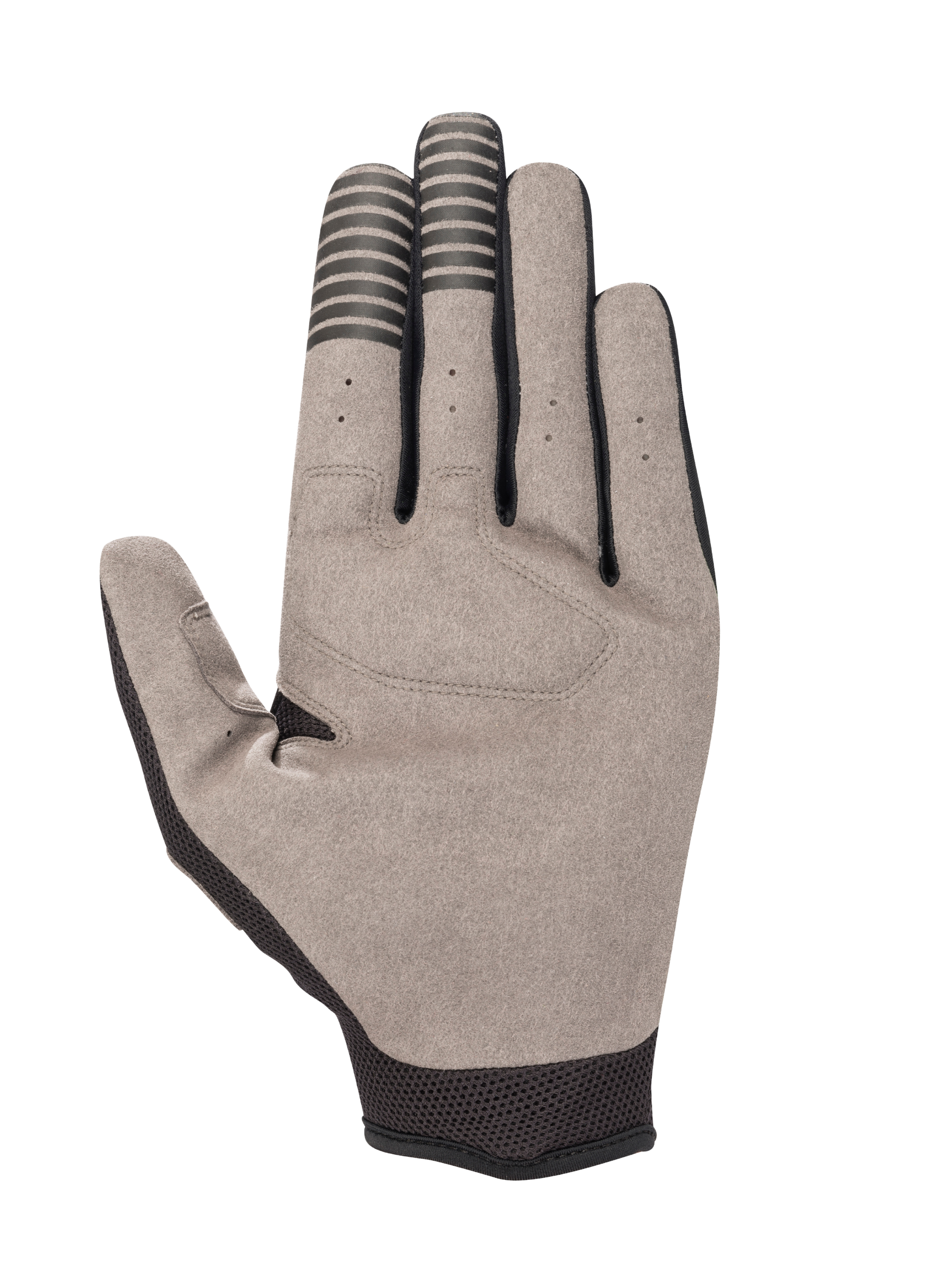Alpinestars Engine Gloves, vista de la palma, ante sintético gris con franjas negras conductivas en los dedos, puño de malla negra, detalle de guante para mecánica y karting.