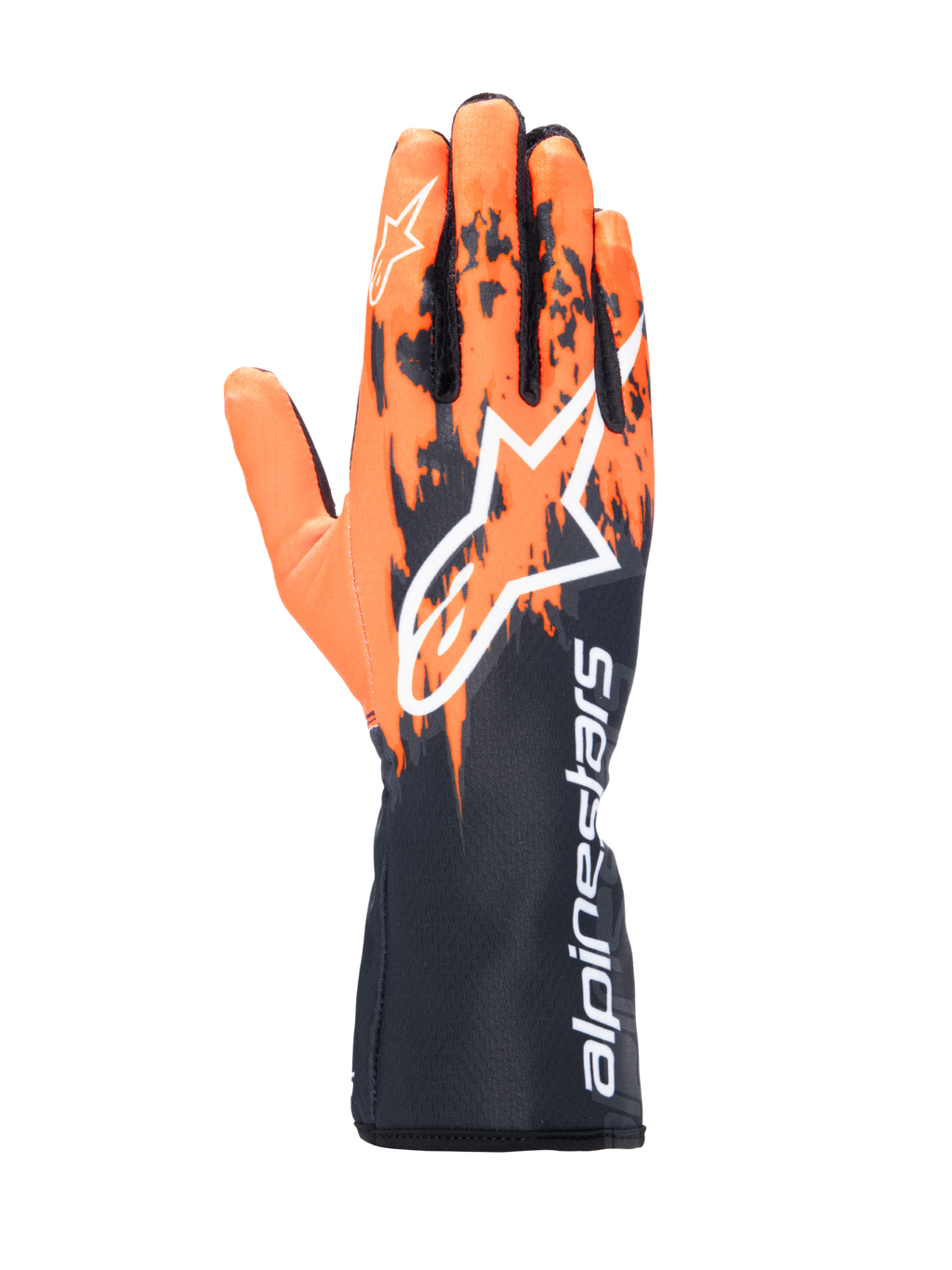 Guantes Alpinestars Tech-1 K V3, guantes de karting, negro, naranja y blanco, con un diseño gráfico sublimado con patrones de pinceladas naranjas sobre una base negra, logotipo Astar grande en blanco en el dorso, texto vertical de Alpinestars en el puño, equipo profesional para carreras de karting