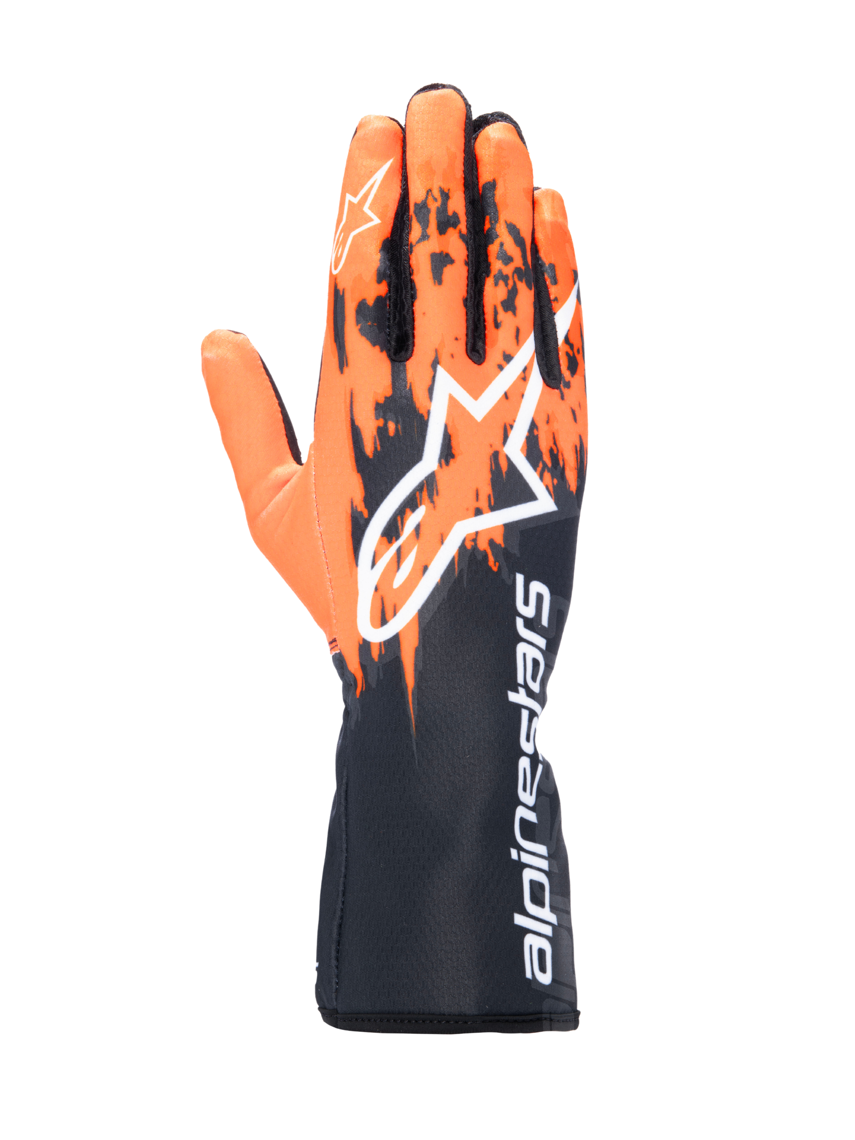 Guantes Alpinestars Tech-1 K V3, guantes de karting, negro, naranja y blanco, con un diseño gráfico sublimado con patrones de pinceladas naranjas sobre una base negra, logotipo Astar grande en blanco en el dorso, texto vertical de Alpinestars en el puño, equipo profesional para carreras de karting