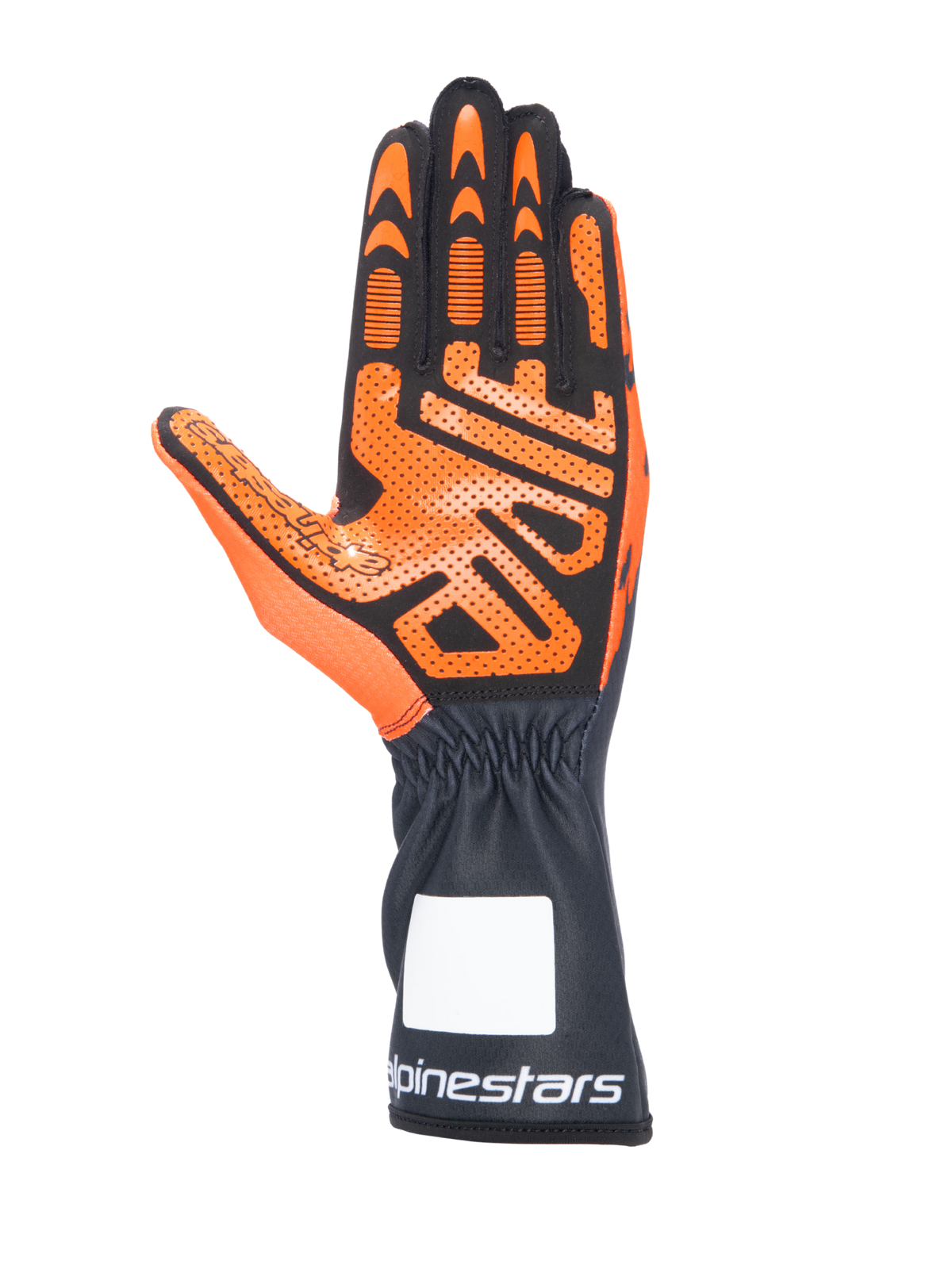 Guantes de karting Alpinestars Tech-1 K V3, negro y naranja, vista de la palma con patrón detallado de agarre de silicona, puño largo con logotipo blanco de Alpinestars, diseño ergonómico para carreras de karts