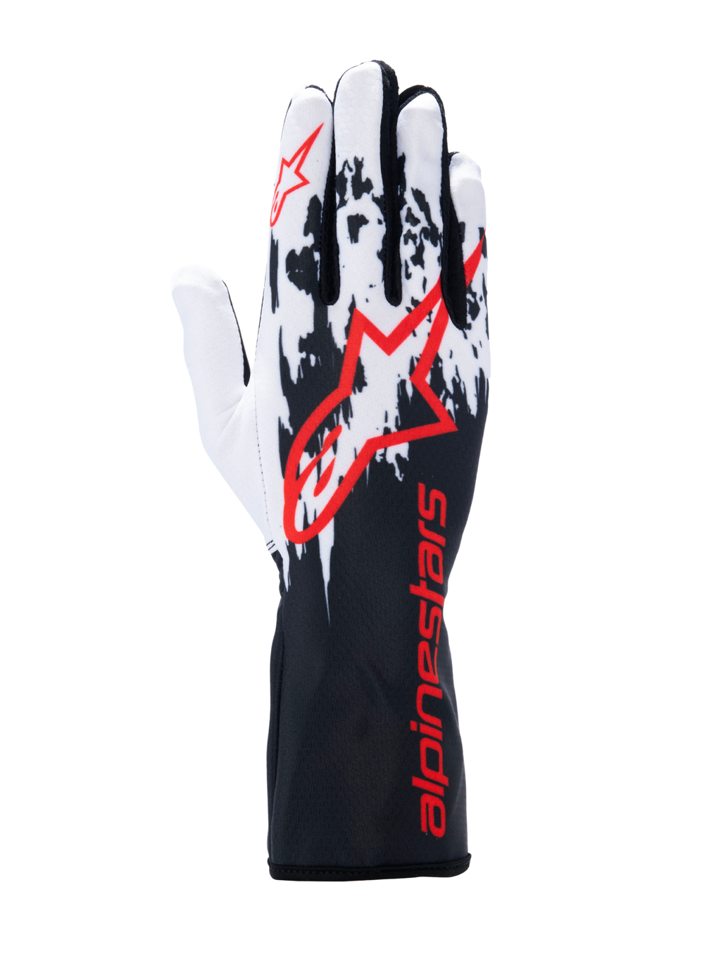 Guantes Alpinestars Tech-1 K V3, guantes de karting, negros, blancos y rojos, con un diseño gráfico salpicado en blanco y negro en el dorso, logotipo de Alpinestars grande en rojo, marca en rojo en el puño de guantelete largo, equipamiento profesional para deportes de motor