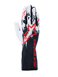 Guantes Alpinestars Tech-1 K V3, guantes de karting, negros, blancos y rojos, con un diseño gráfico salpicado en blanco y negro en el dorso, logotipo de Alpinestars grande en rojo, marca en rojo en el puño de guantelete largo, equipamiento profesional para deportes de motor