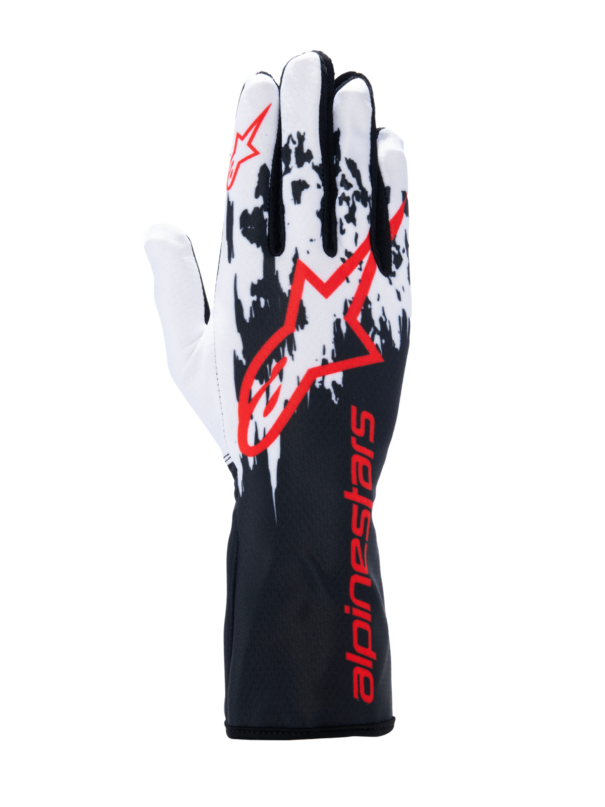 Guantes Alpinestars Tech-1 K V3, guantes de karting, negros, blancos y rojos, con un diseño gráfico salpicado en blanco y negro en el dorso, logotipo de Alpinestars grande en rojo, marca en rojo en el puño de guantelete largo, equipamiento profesional para deportes de motor