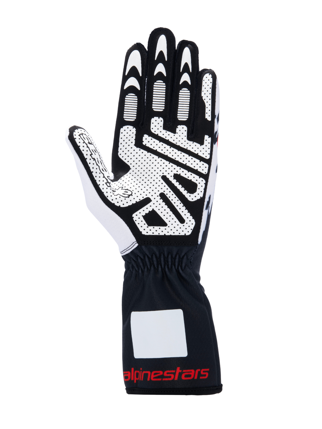 Guantes Alpinestars Tech-1 K V3, guantes de karting, negro, blanco y rojo, vista de la palma con estampado de silicona de alto agarre, material de ante sintético, puño de guantelete con marca roja, equipo de karting profesional