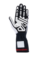 Guantes Alpinestars Tech-1 K V3, guantes de karting, negro, blanco y rojo, vista de la palma con estampado de silicona de alto agarre, material de ante sintético, puño de guantelete con marca roja, equipo de karting profesional
