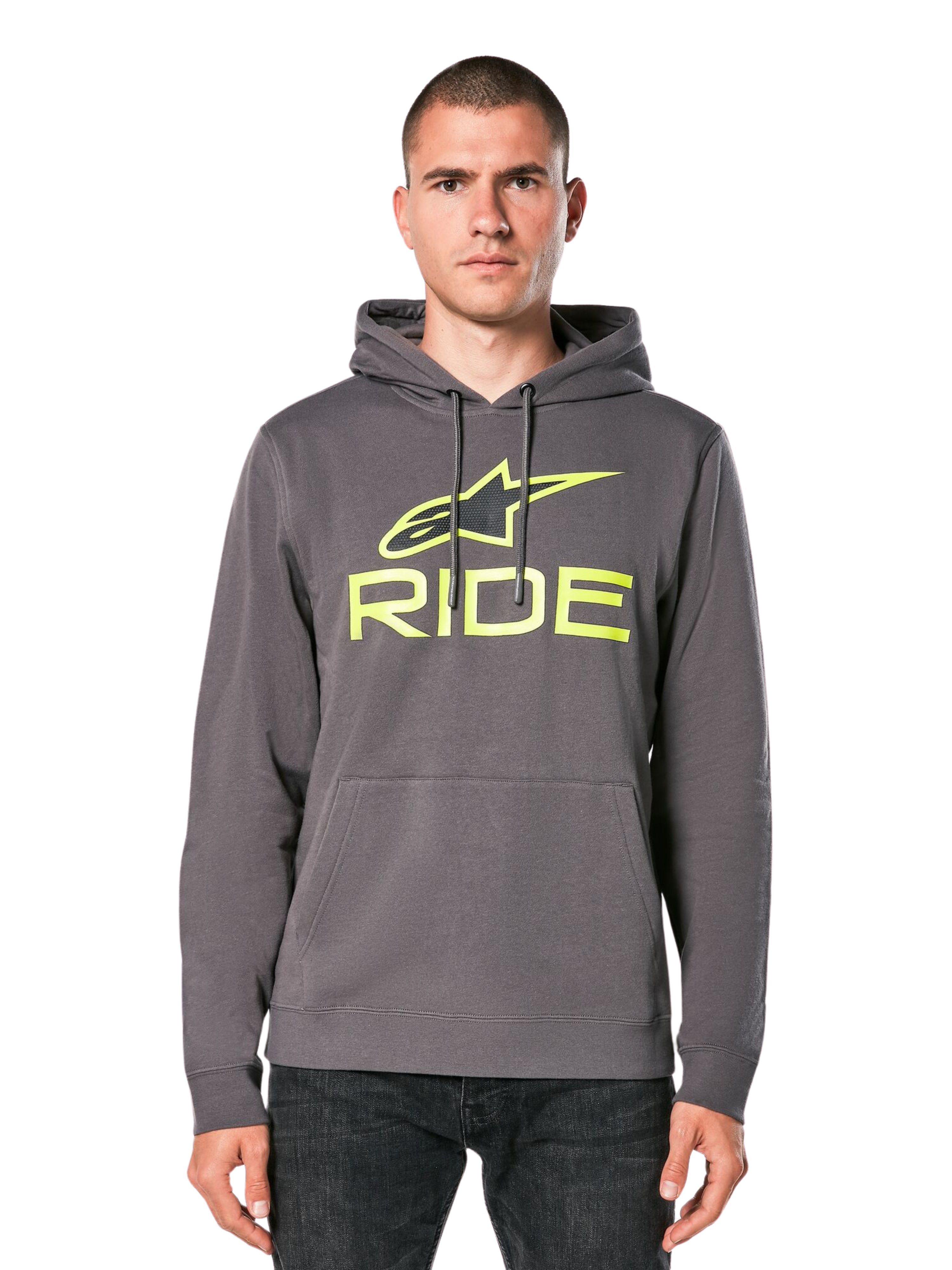 Alpinestars Ride Hoodie V 3, sudadera con capucha gris carbón con logotipo RIDE en verde lima, cuenta con bolsillo tipo canguro delantero y capucha con cordón, ropa urbana casual inspirada en el motociclismo