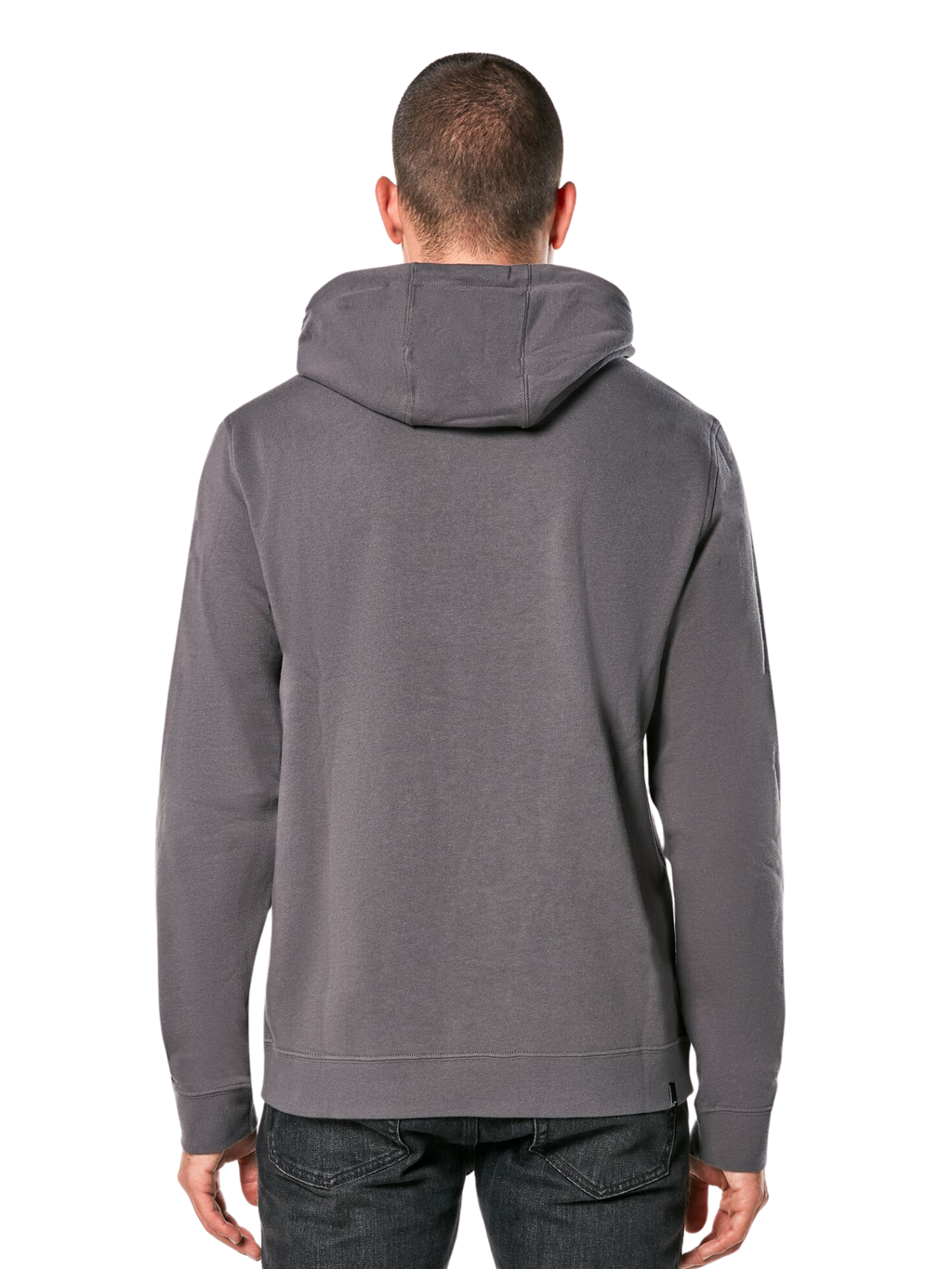 Alpinestars Ride Hoodie V 3, vista trasera de una sudadera gris carbón, ropa deportiva casual con diseño de capucha, manga larga y puños y dobladillo de canalé