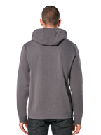 Alpinestars Ride Hoodie V 3, vista trasera de una sudadera gris carbón, ropa deportiva casual con diseño de capucha, manga larga y puños y dobladillo de canalé