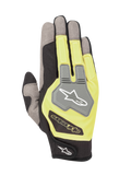 Alpinestars Engine Gloves, guantes para karting y mecánicos, negro y amarillo fluorescente, vista del dorso con paneles de malla grises y protector de nudillos de TPR con el logotipo de Alpinestars, construcción multimaterial ligera y transpirable