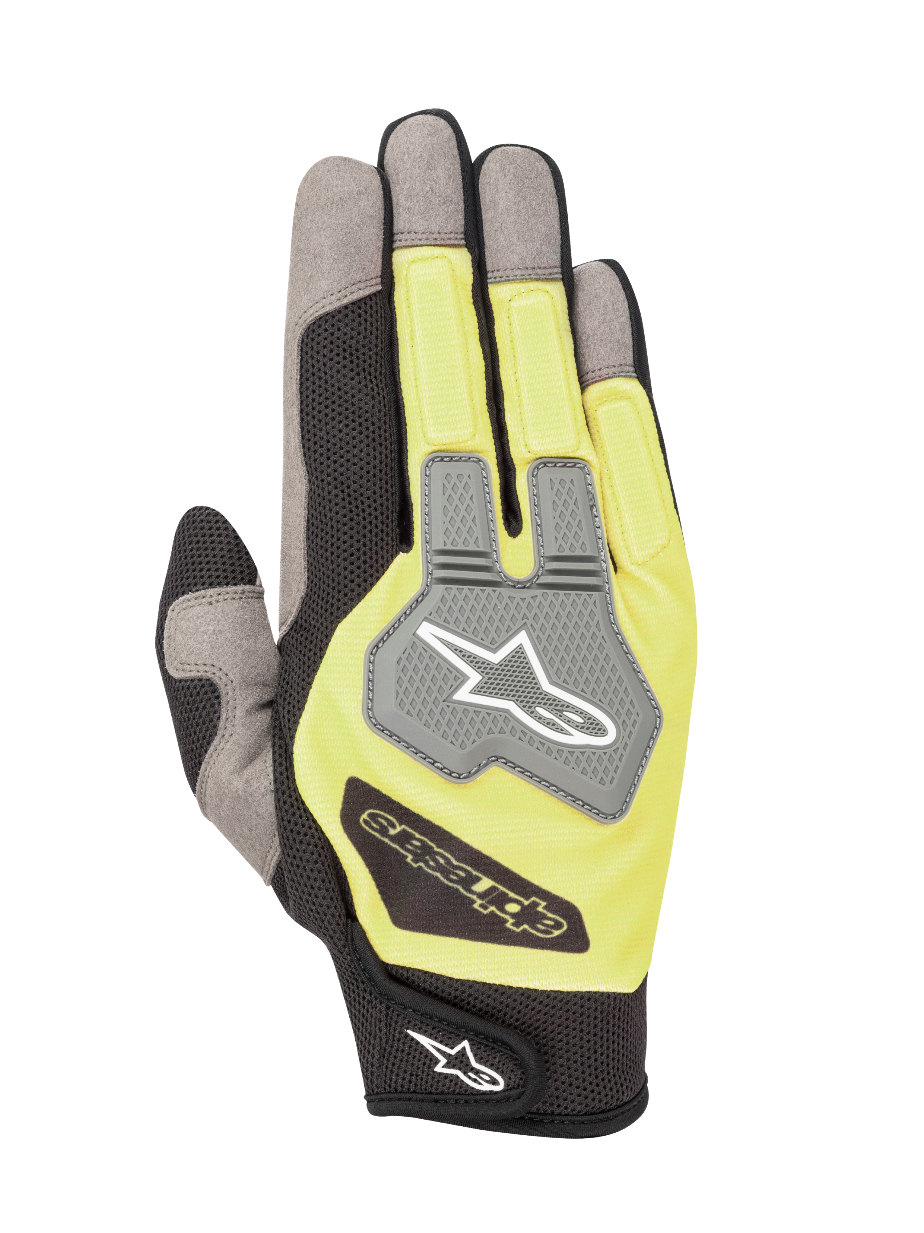 Alpinestars Engine Gloves, guantes para karting y mecánicos, negro y amarillo fluorescente, vista del dorso con paneles de malla grises y protector de nudillos de TPR con el logotipo de Alpinestars, construcción multimaterial ligera y transpirable