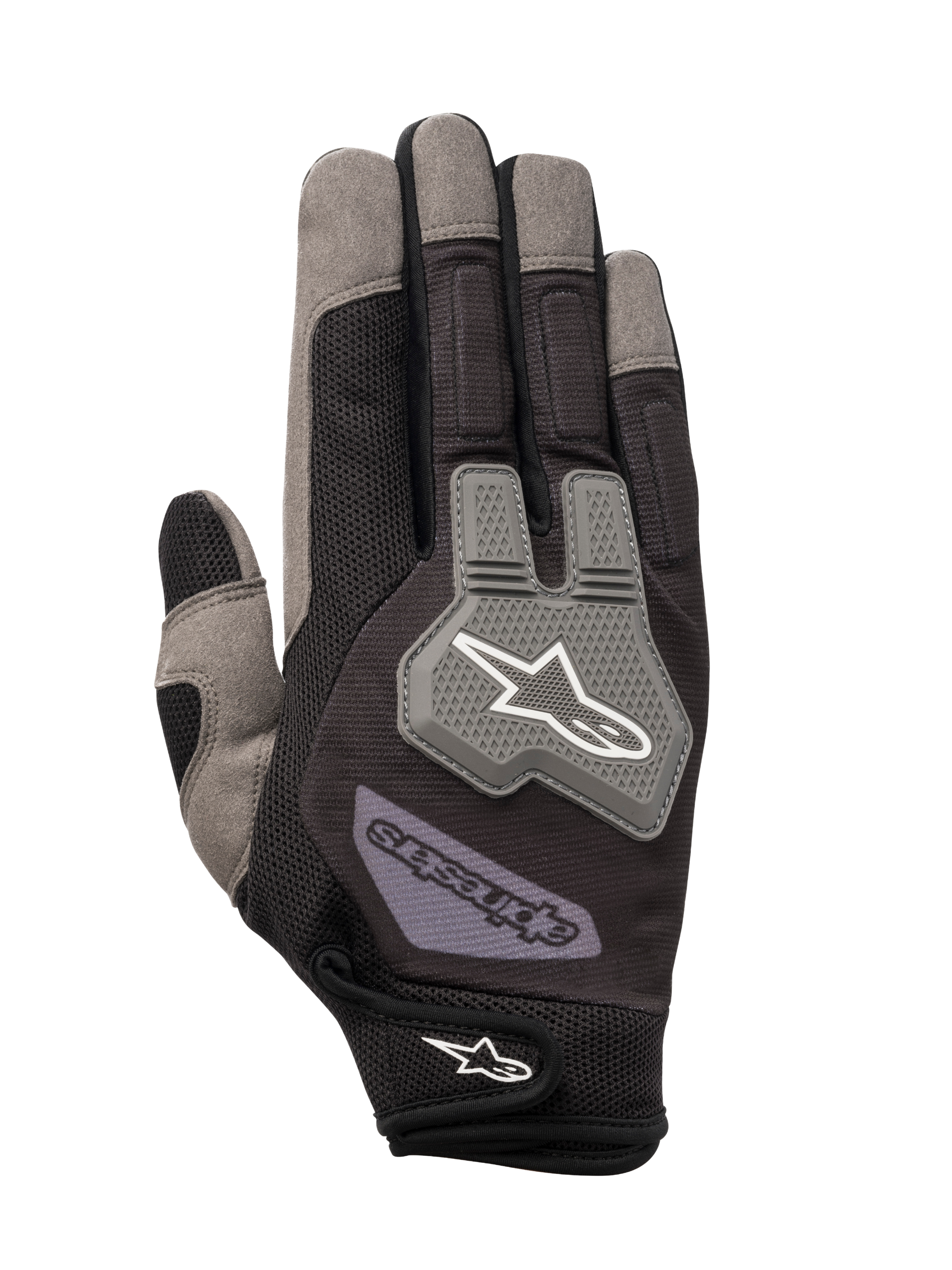 Alpinestars Engine Gloves, Mechanic Gloves, Black and Gray, featuring breathable mesh construction, gray TPR knuckle protector with white star logo, adjustable wrist strap with branding, durable multi-material design for workshop and pit work