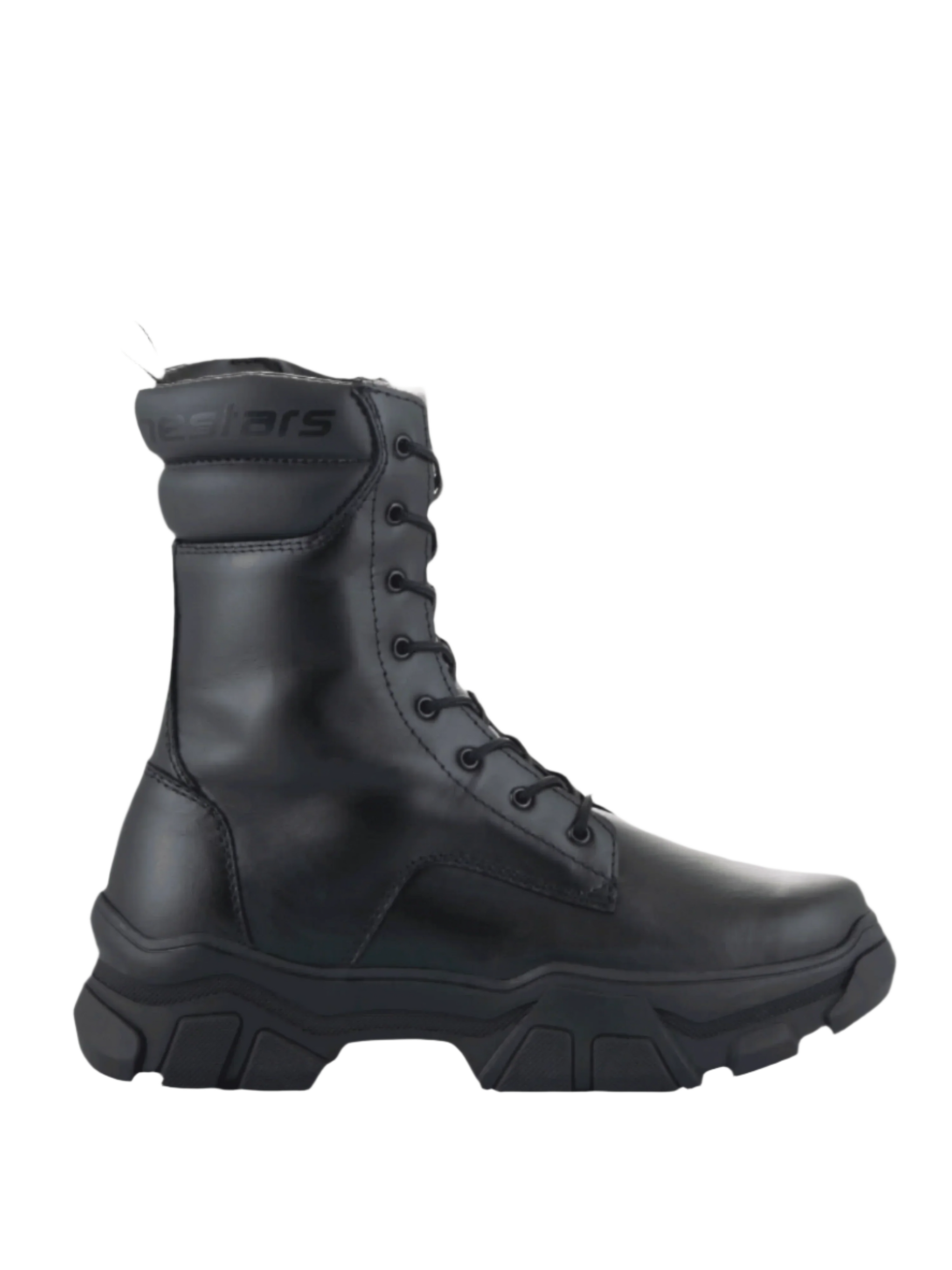 Botas Alpinestars Ava para mujer, botas urbanas de moto en color negro, con suela de goma robusta y elevada, cierre frontal de cordones, construcción en cuero de grano completo con cuello acolchado en el tobillo, estilo moderno inspirado en botas de trabajo para montar