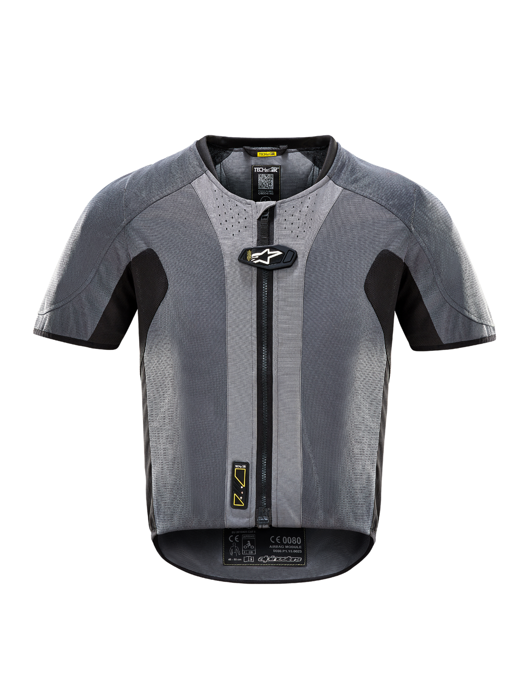 Alpinestars Tech-Air® 5 System, chaleco airbag para moto de manga corta, gris y negro, diseño aerodinámico con textura de malla transpirable, protección reforzada en hombros y laterales, cremallera frontal, construcción duradera para seguridad y comodidad