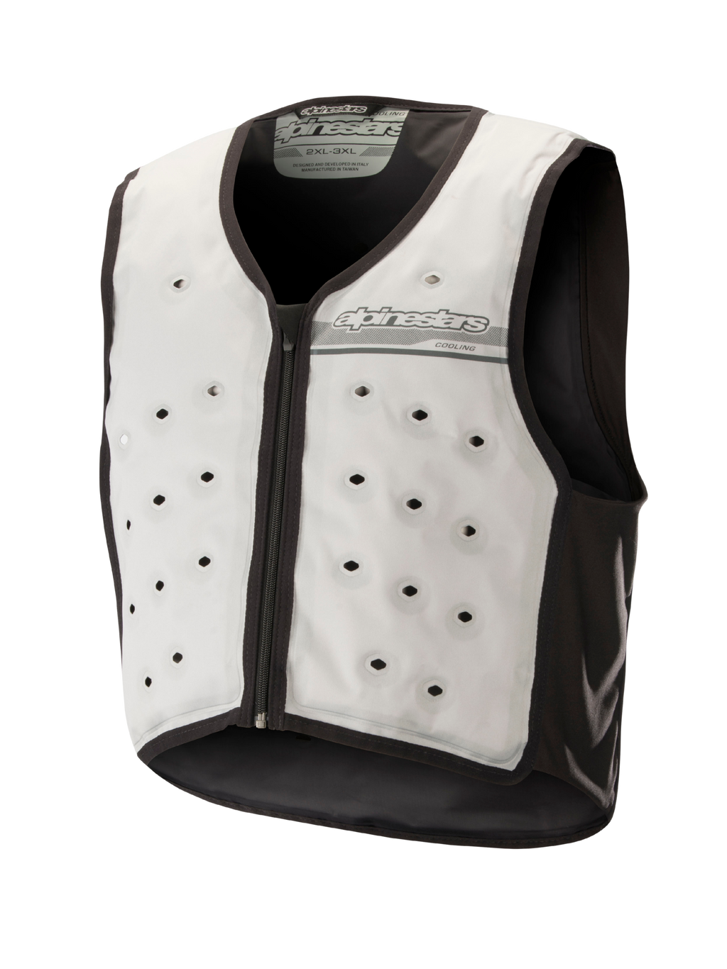 Alpinestars Cooling Vest, chaleco de refrigeración para moto en gris claro y gris oscuro, capa base sin mangas con orificios de ventilación circulares, cremallera frontal y construcción textil transpirable para climas cálidos