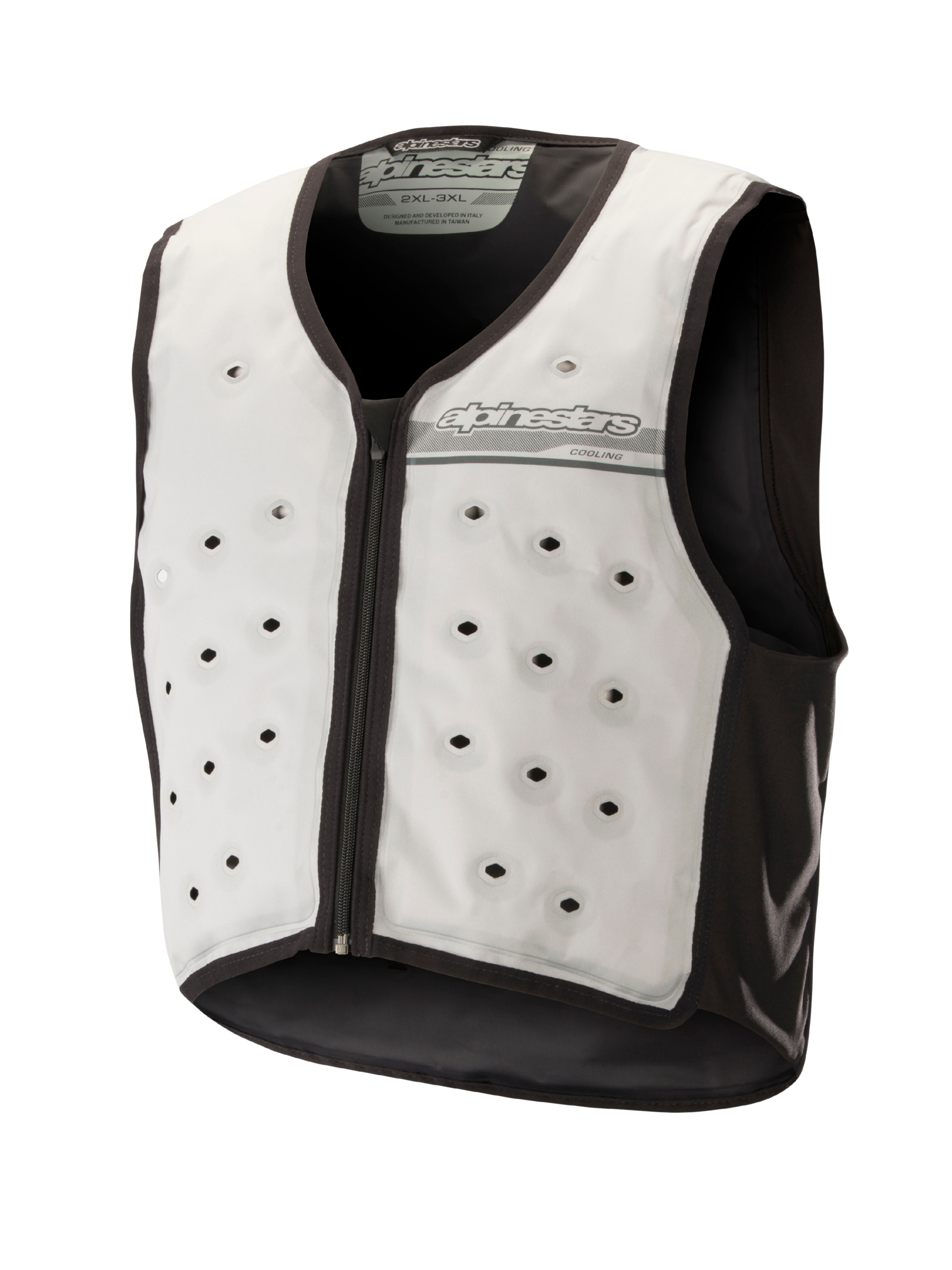 Alpinestars Cooling Vest, chaleco de refrigeración para moto en gris claro y gris oscuro, capa base sin mangas con orificios de ventilación circulares, cremallera frontal y construcción textil transpirable para climas cálidos