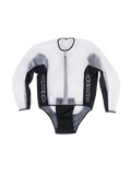 Alpinestars Racing Rain Jacket, Waterproof Transparent Motorcycle Jacket, Clear and Black, white vertical logos on side panels, front zipper closure, pre-curved design for fit over leather suits, functional wet weather track gear