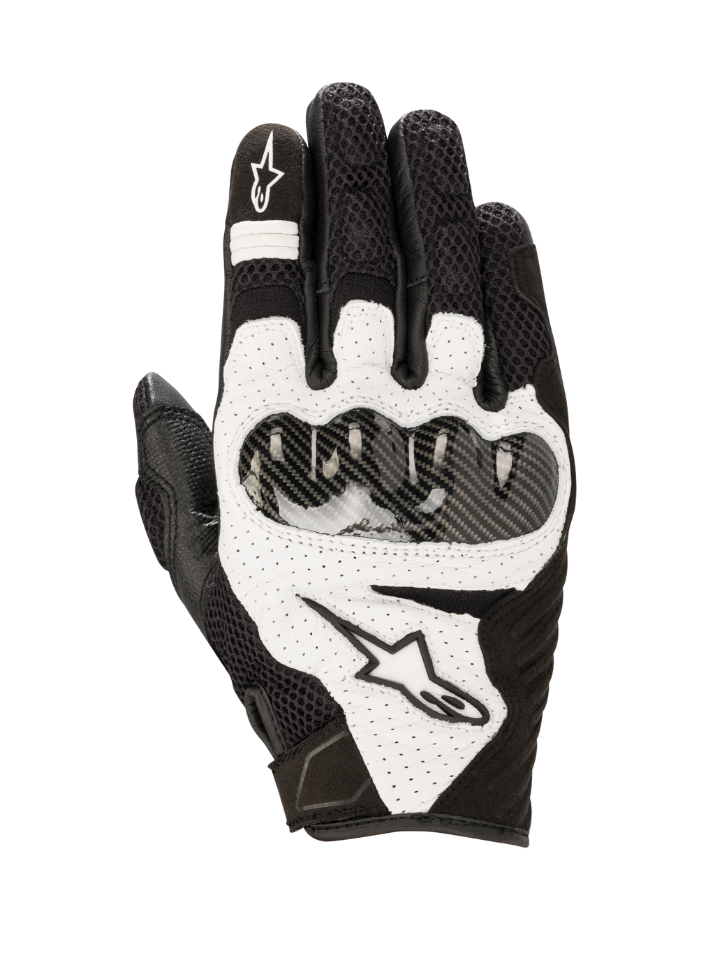 Alpinestars SMX-1 Air V2 Gloves, Motorcycle Sport Riding Gloves, Black and White, featuring mesh panels for breathability, carbon fiber-style hard knuckle protection, perforated leather accents, and Alpinestars branding