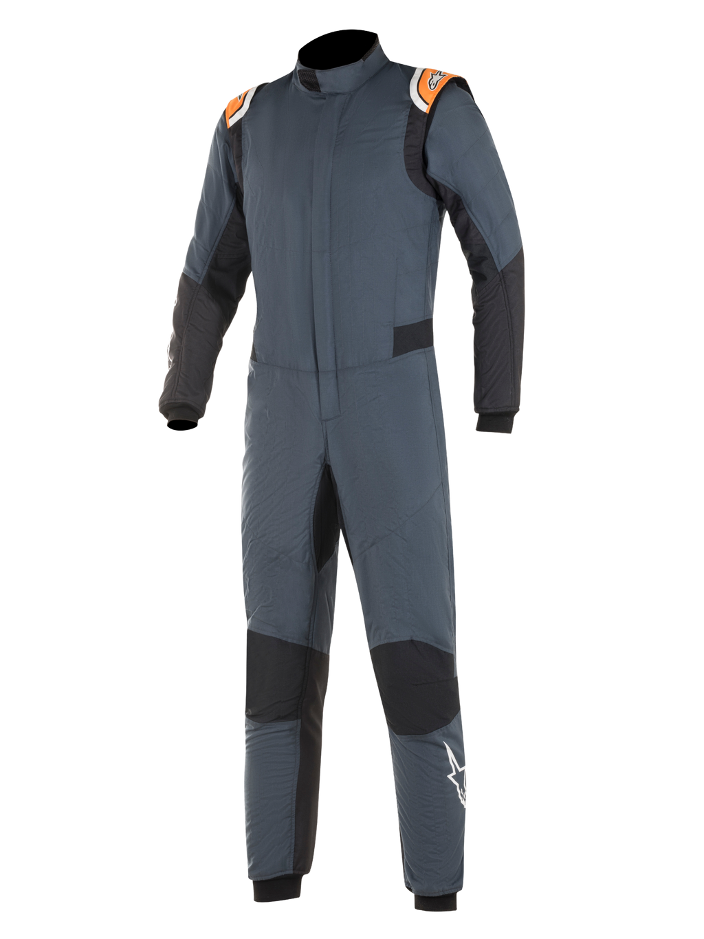 Alpinestars Hypertech Suit, mono de carreras de automovilismo, gris asfalto y negro con detalles en naranja flúor, con paneles elásticos negros, hombreras naranjas con la marca y logotipo de estrella blanca en la pierna, construcción profesional de dos capas resistente al fuego para deportes de motor