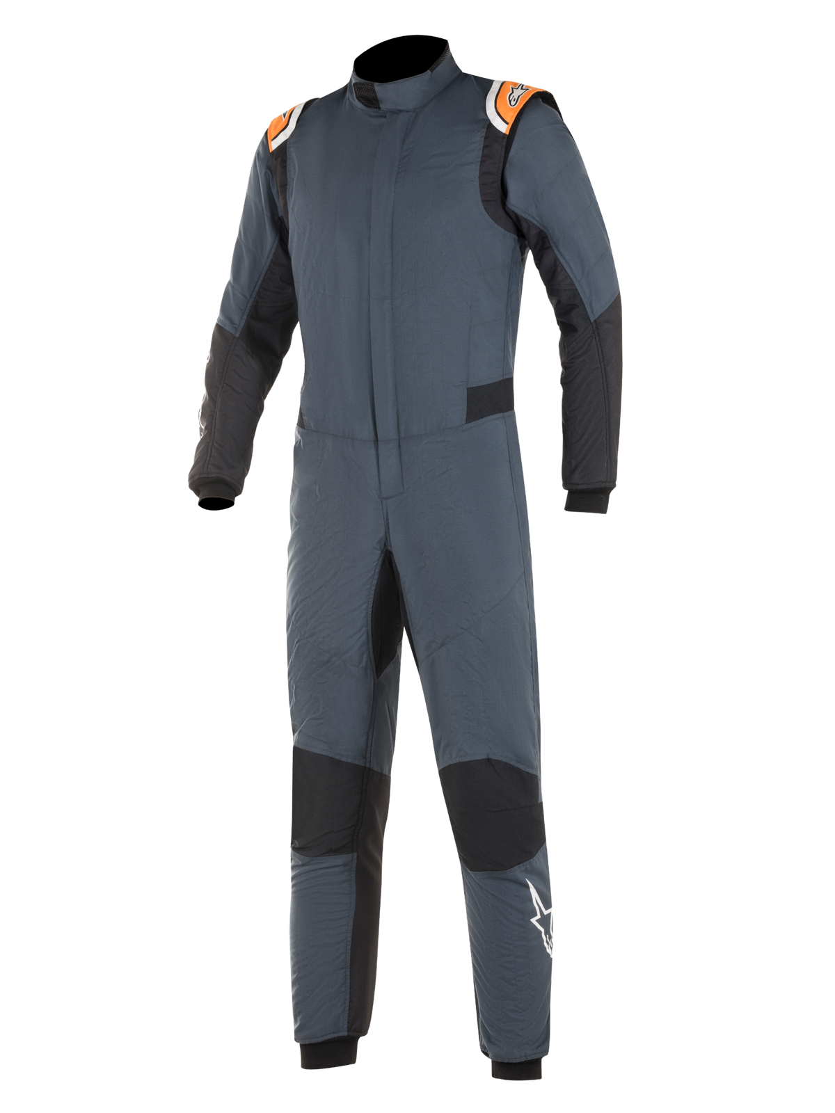 Alpinestars Hypertech Suit, mono de carreras de cuerpo completo, gris oscuro con secciones negras en brazos y piernas, parches naranjas y blancos en hombros, logo de estrella blanca en pierna, cuello alto, diseño ajustado para deportes de motor