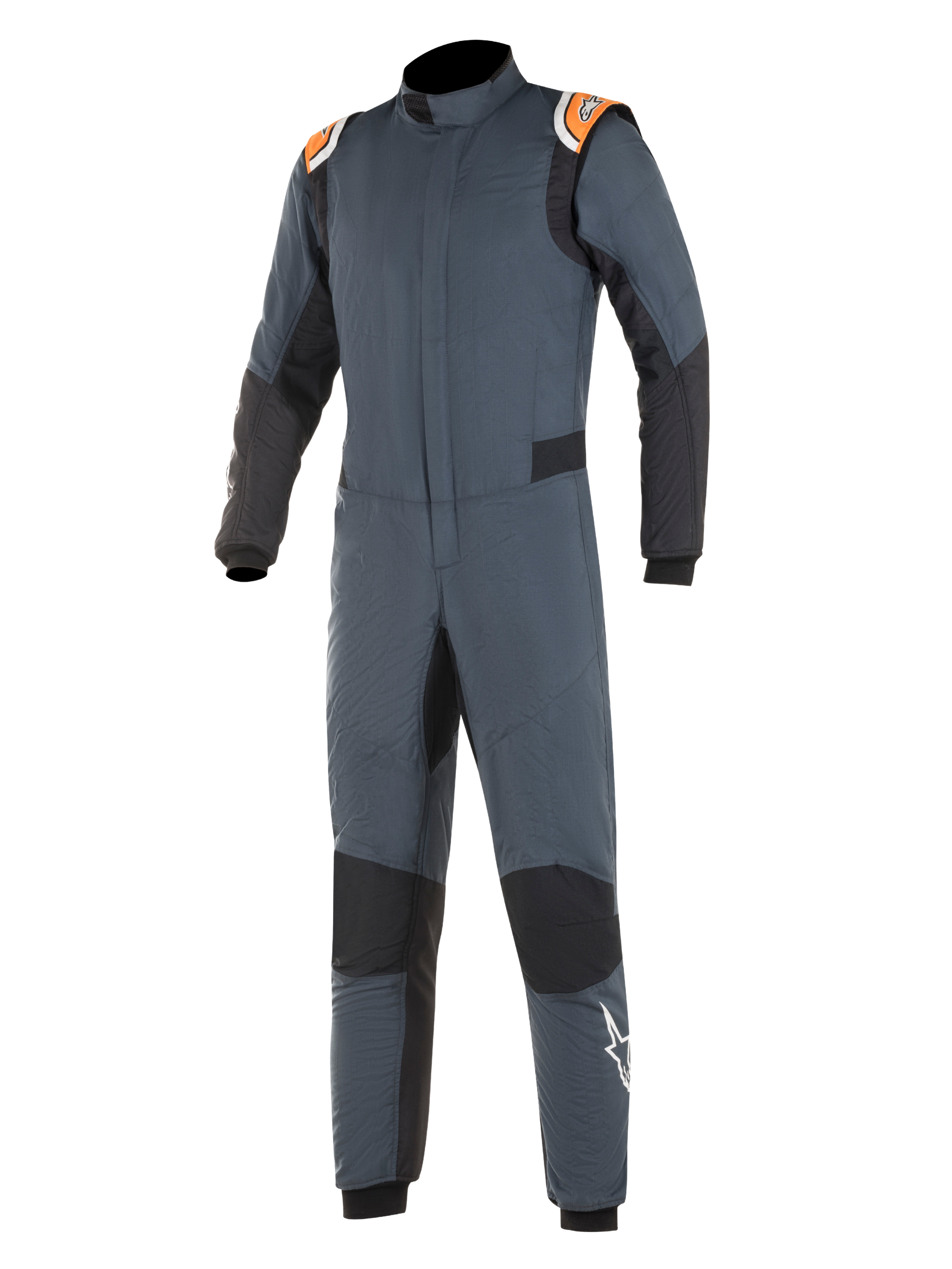 Alpinestars Hypertech Suit, mono de carreras de automovilismo, gris asfalto y negro con detalles en naranja flúor, con paneles elásticos negros, hombreras naranjas con la marca y logotipo de estrella blanca en la pierna, construcción profesional de dos capas resistente al fuego para deportes de motor