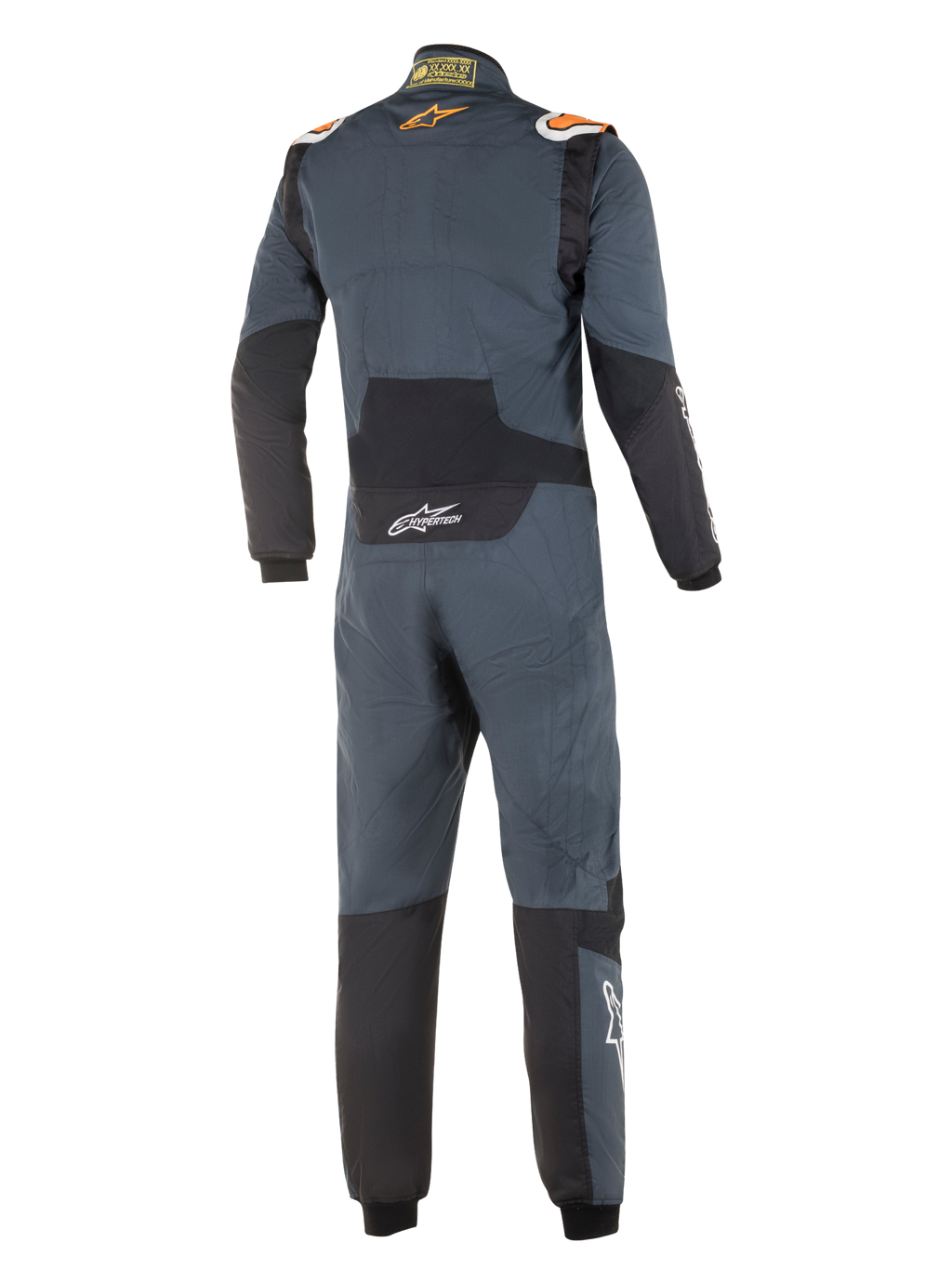 Mono Alpinestars Hypertech, mono de automovilismo profesional, gris asfalto y naranja flúor, vista trasera, con paneles elásticos negros en la zona lumbar y los codos, logotipos de Alpinestars naranjas en los hombros y marca Hypertech en blanco, diseño aerodinámico con certificación FIA.