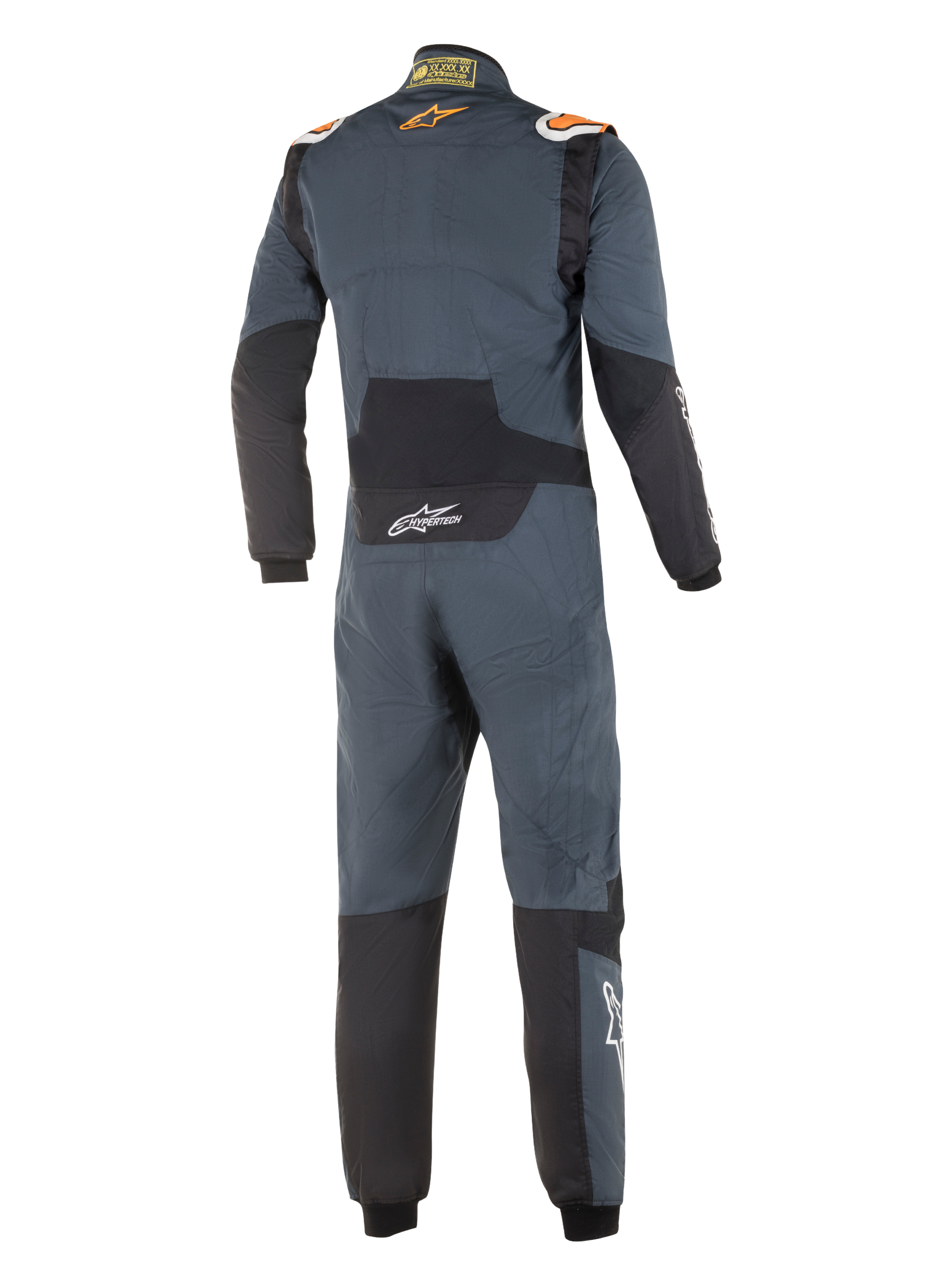 Mono Alpinestars Hypertech, mono de automovilismo profesional, gris asfalto y naranja flúor, vista trasera, con paneles elásticos negros en la zona lumbar y los codos, logotipos de Alpinestars naranjas en los hombros y marca Hypertech en blanco, diseño aerodinámico con certificación FIA.