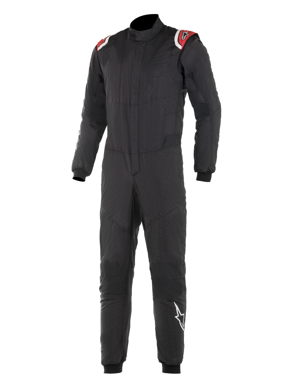 Alpinestars Hypertech Suit, Professional Auto Racing Suit, Black with Red and White shoulder accents, quilted two-layer construction, high collar, fitted design with ribbed wrist and ankle cuffs, FIA-certified motorsport protection