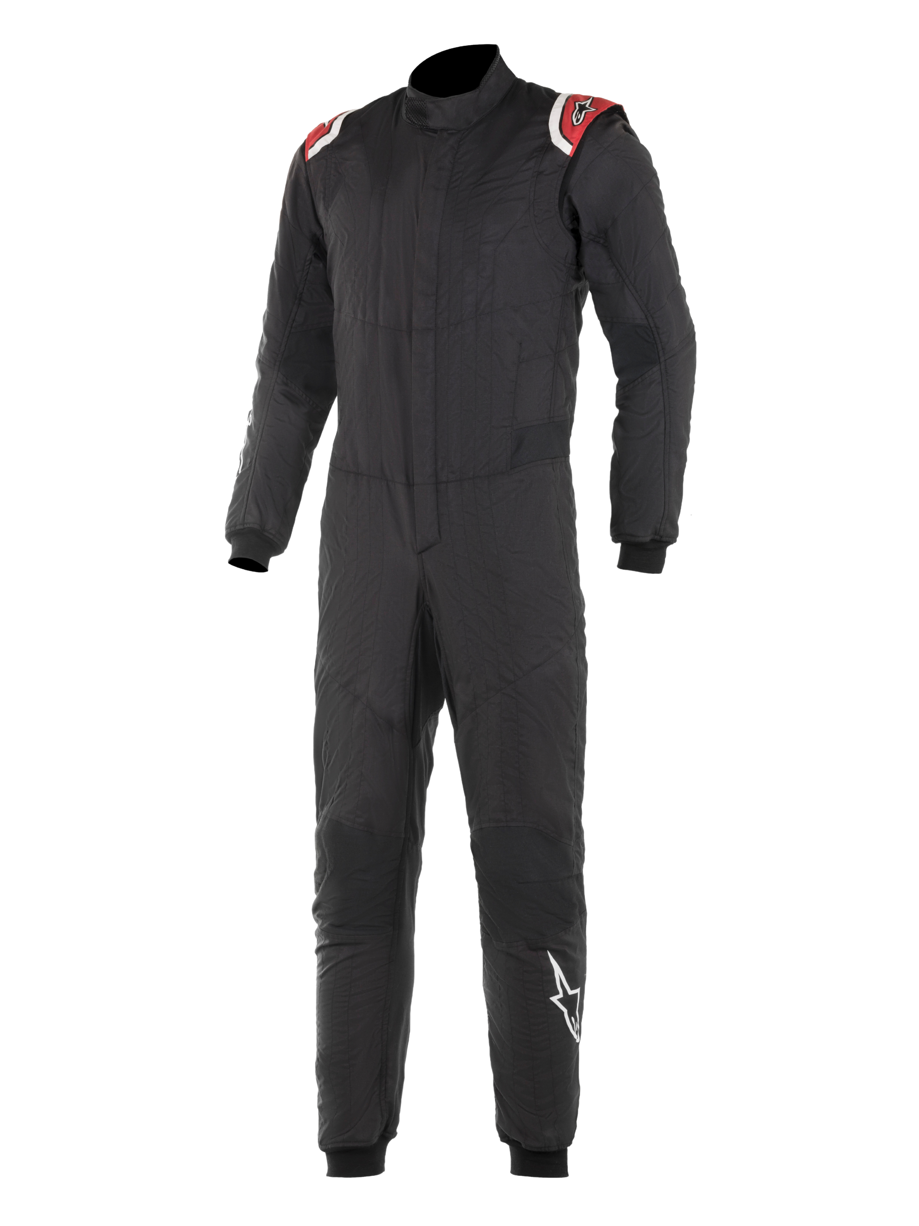 Alpinestars Hypertech Suit, mono de automovilismo profesional, negro con detalles rojos y blancos en los hombros, construcción acolchada de dos capas, cuello alto, diseño ajustado con puños en muñecas y tobillos, protección para deportes de motor certificada por la FIA